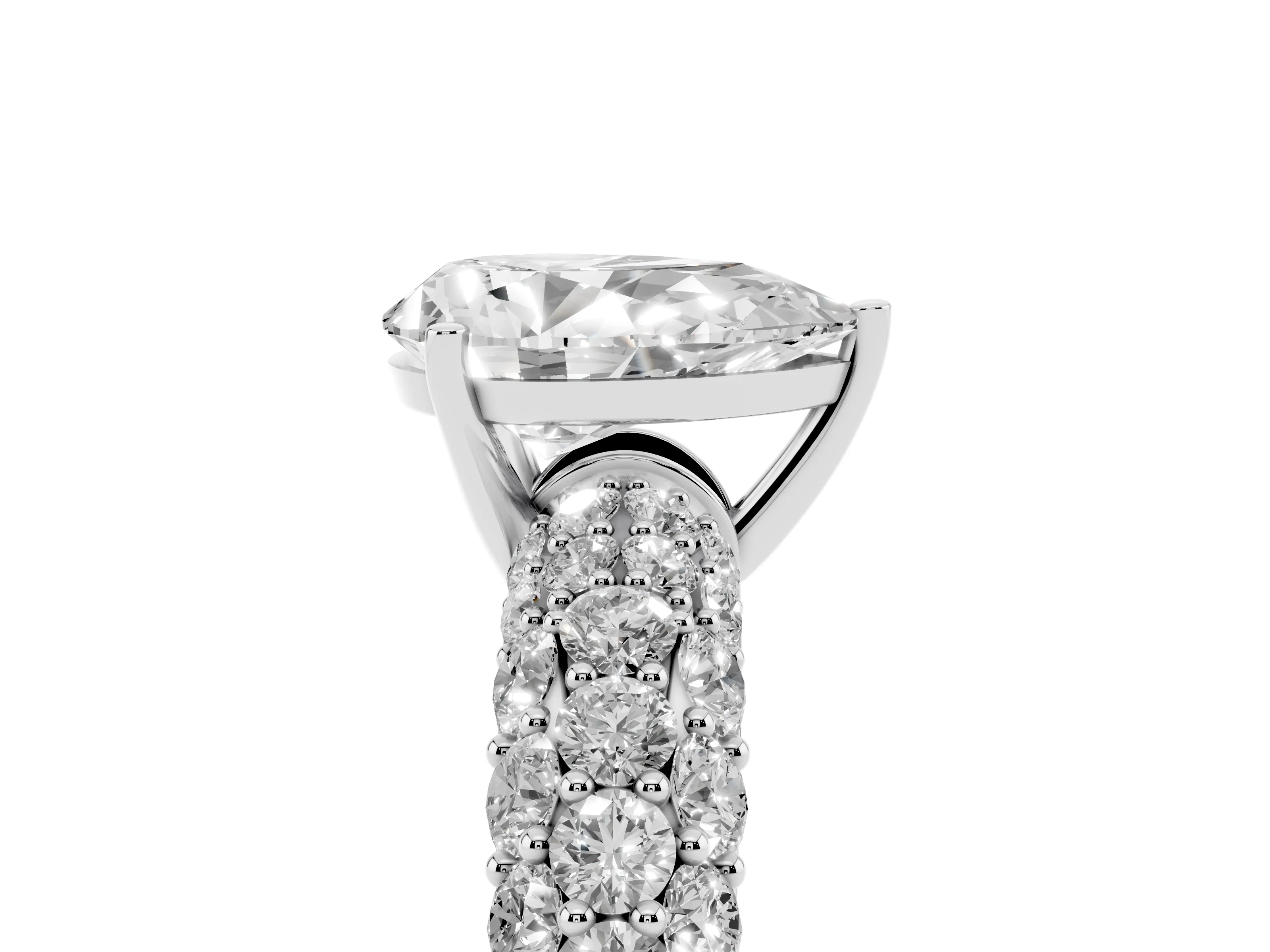 Pear Cut Diamond Pavé Band Solitaire Ring Set in White gold with Close-Set Accent Stones and Prong Setting