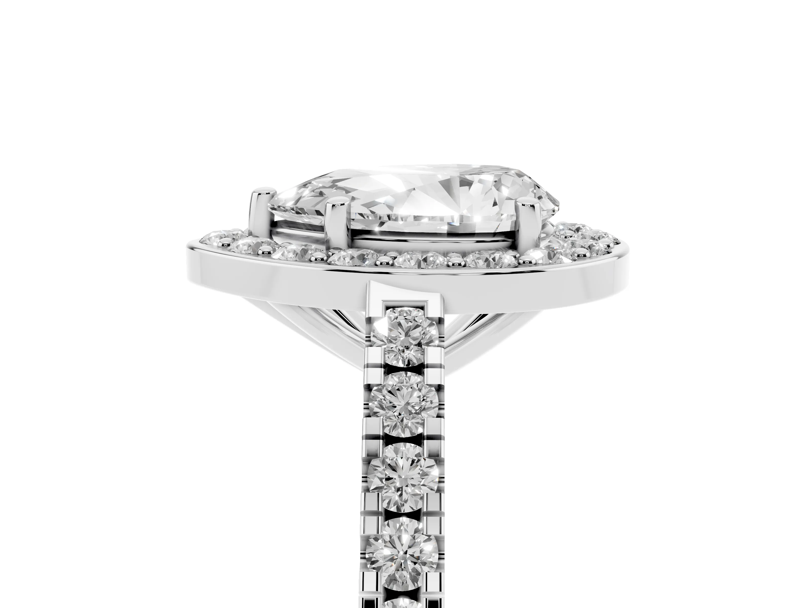 Pear Cut Diamond Halo Ring Set in Silver with Round Pavé Split Shank and Prong Setting