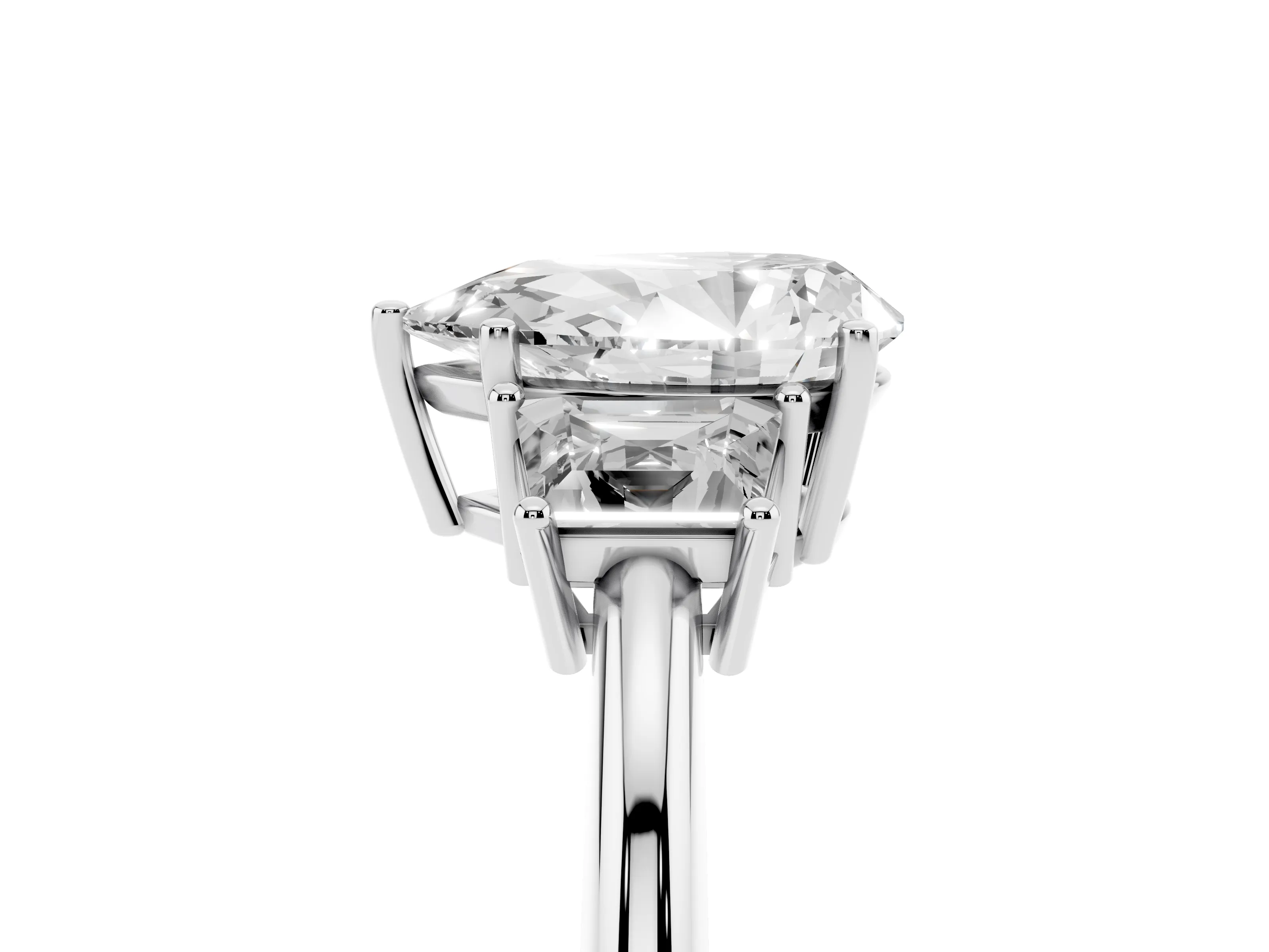 Pear Cut Diamond Three-Stone Ring Set in White gold with Trapezoid Side Stones and Prong Setting