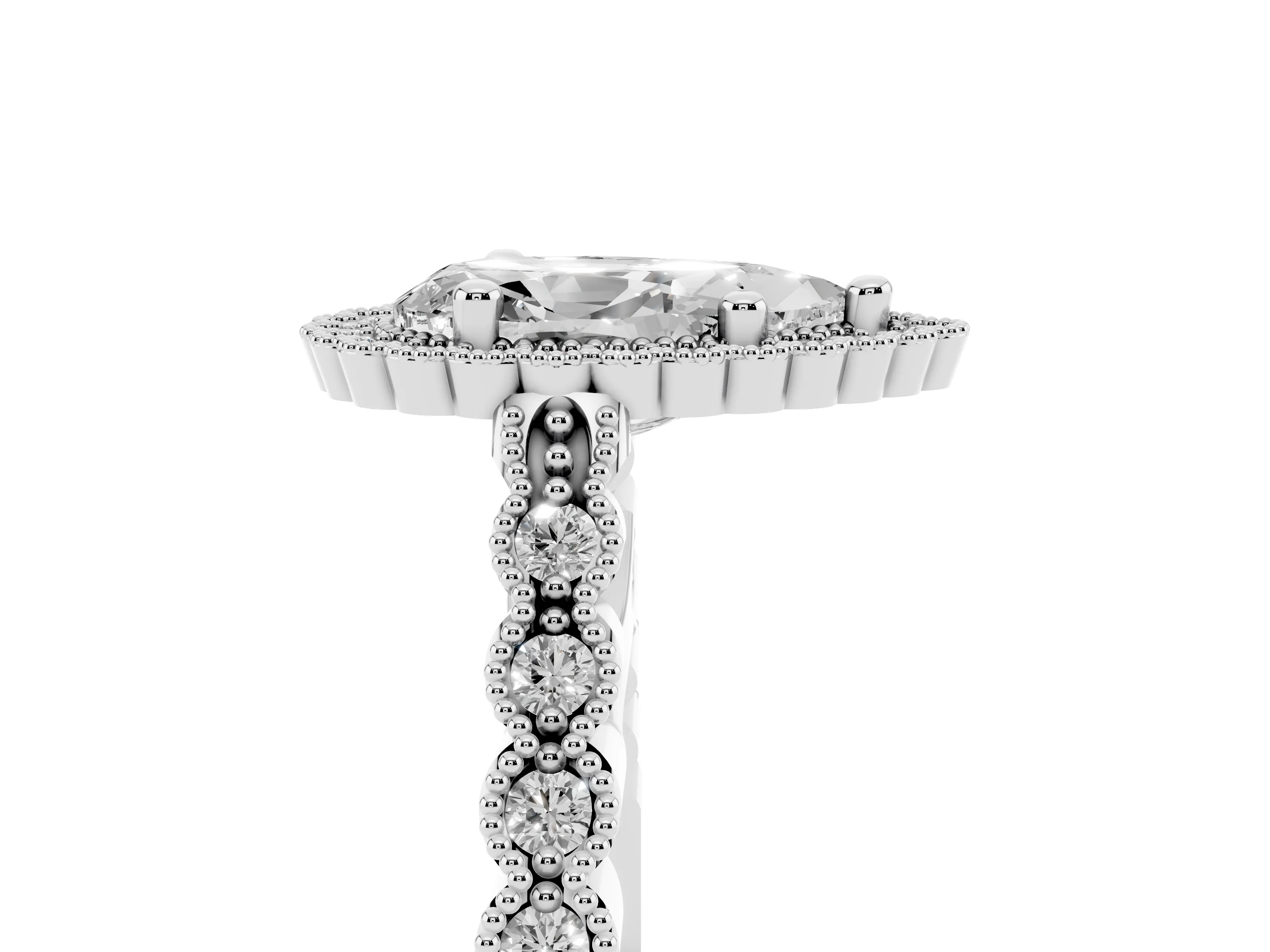 Pear Cut Diamond Halo Ring Set in Platinum with Pavé Milgrain Band