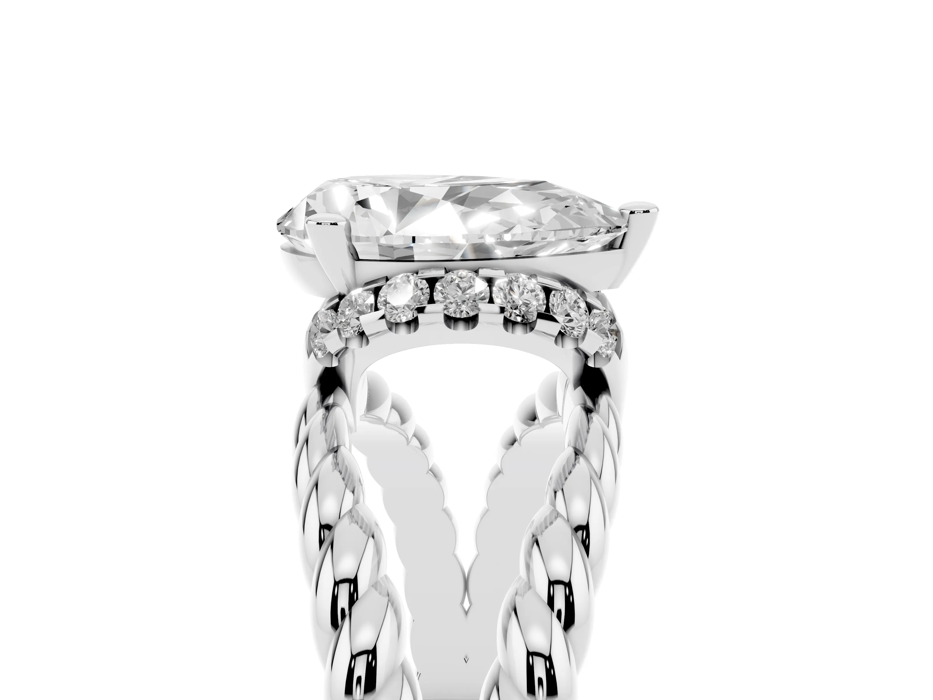 Pear Cut Diamond Halo Ring Set in White gold with Twisted Band and Prong Setting
