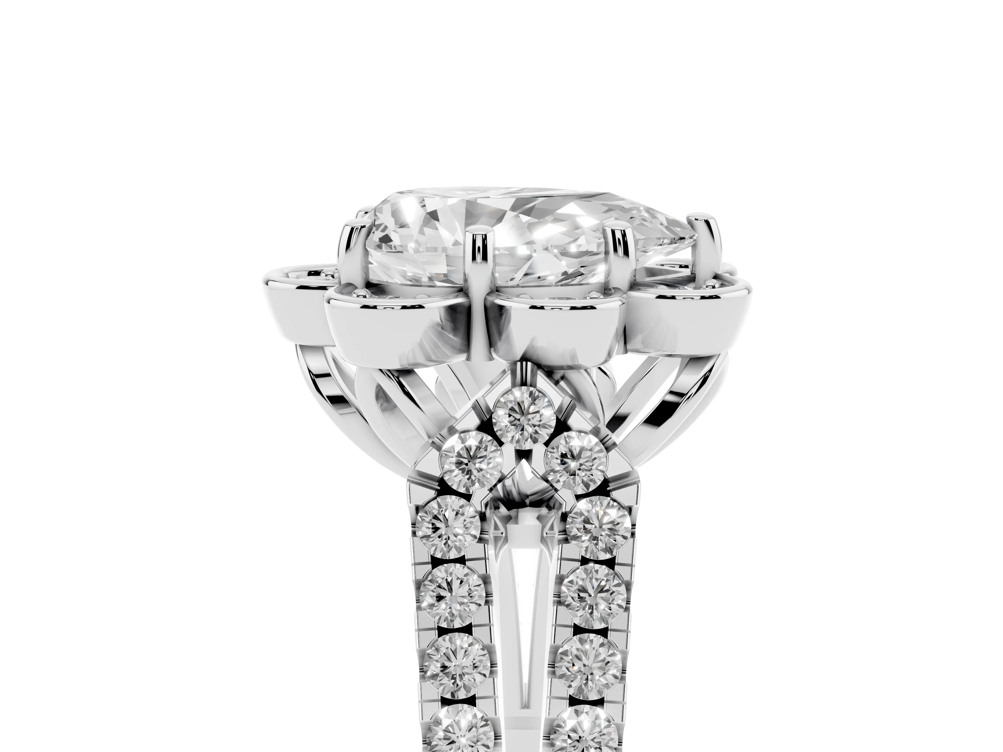 Pear Cut Diamond Floral Halo Split Shank Engagement Ring Set in Silver with Pavé Shank