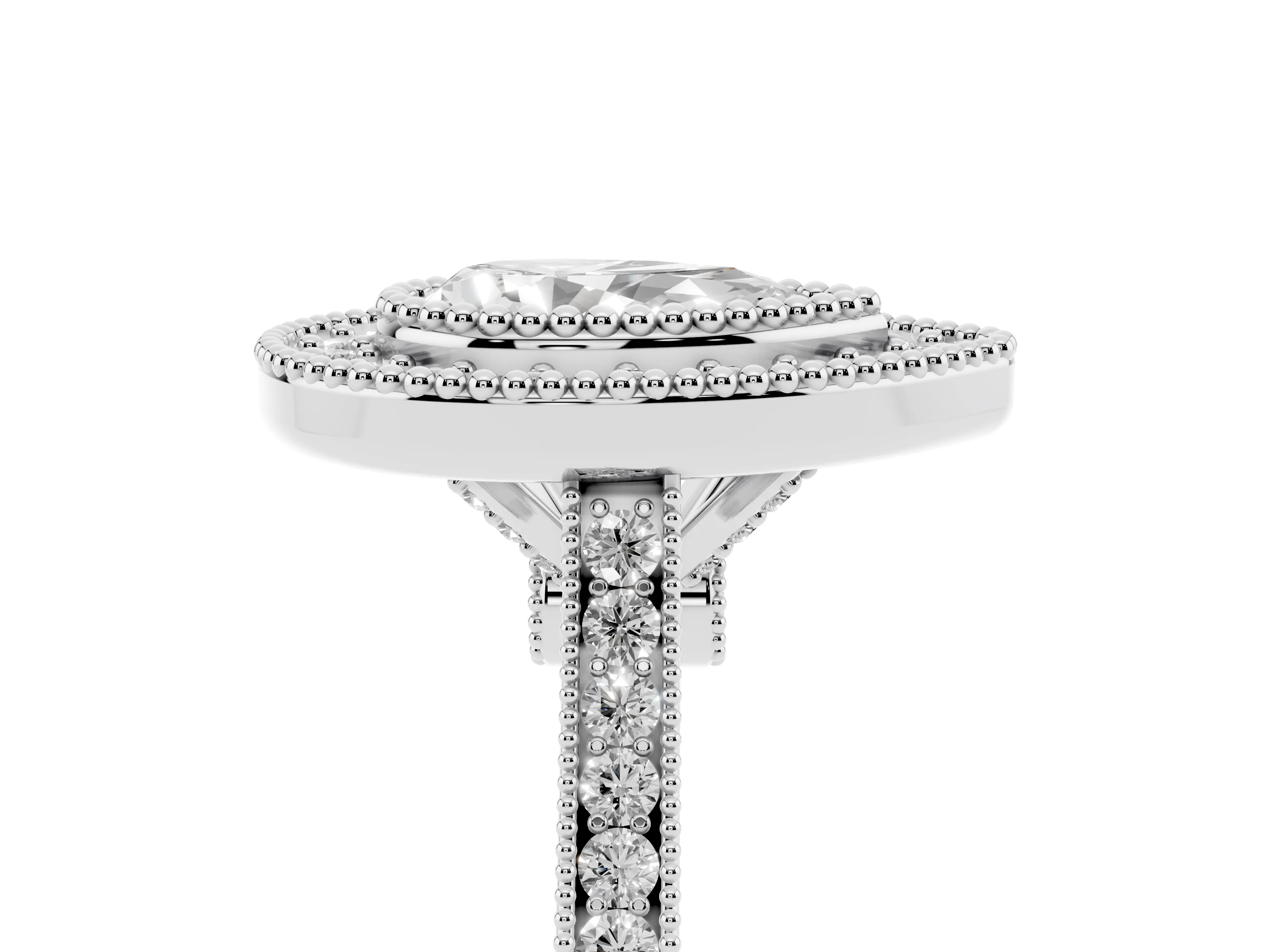 Pear Cut Diamond Halo Ring Set in White gold with Milgrain Frame and Pavé Band