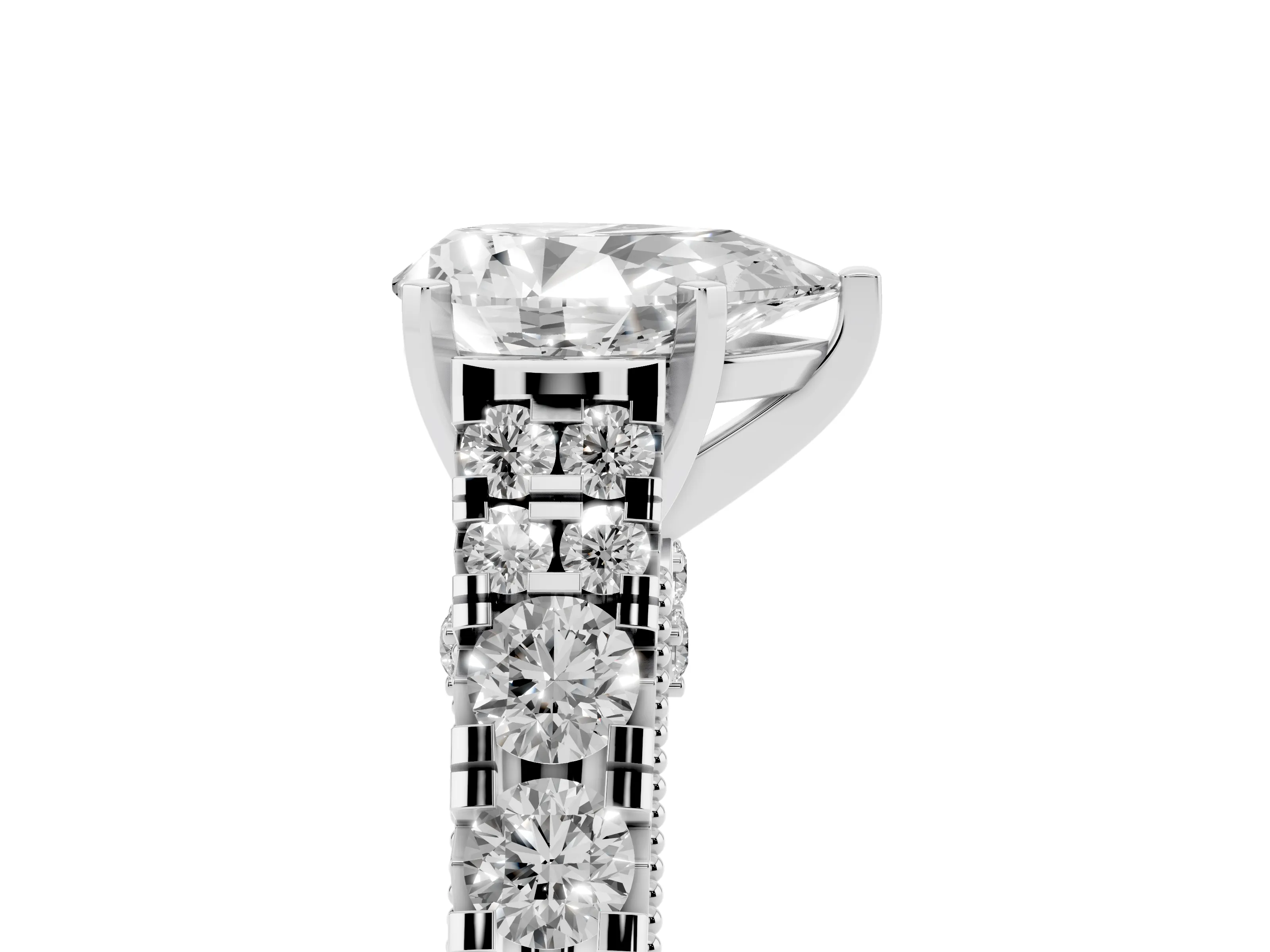 Pear Cut Diamond Classic Solitaire Ring Set in Platinum with Pavé Band and Prong Setting
