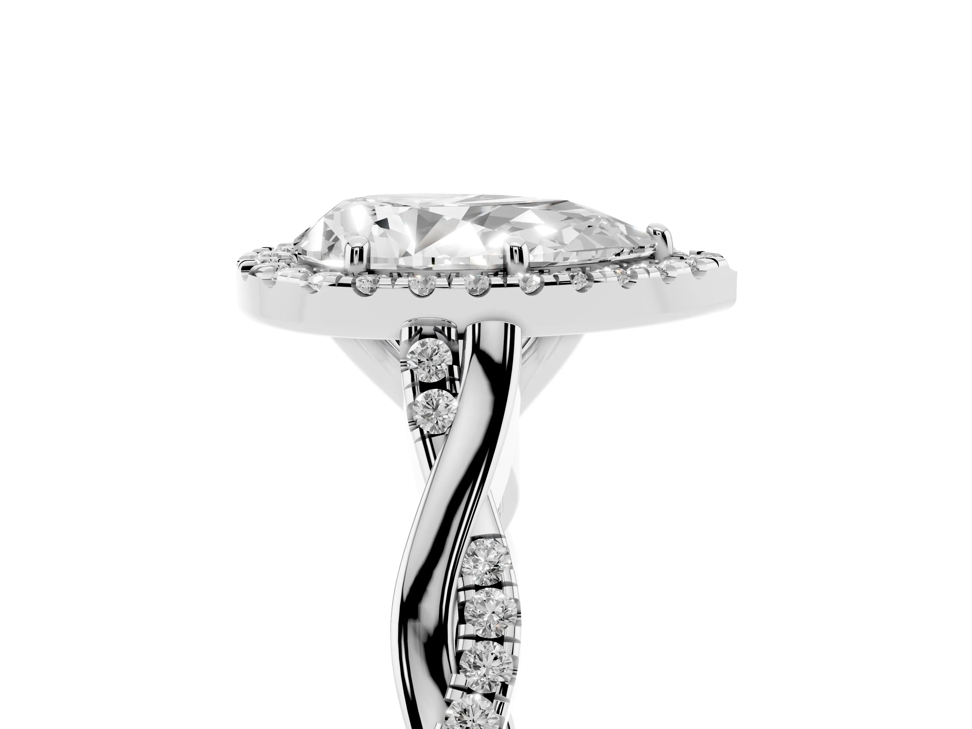 Pear Cut Diamond Halo Twist Band Solitaire Ring Set in White gold with Prong Setting