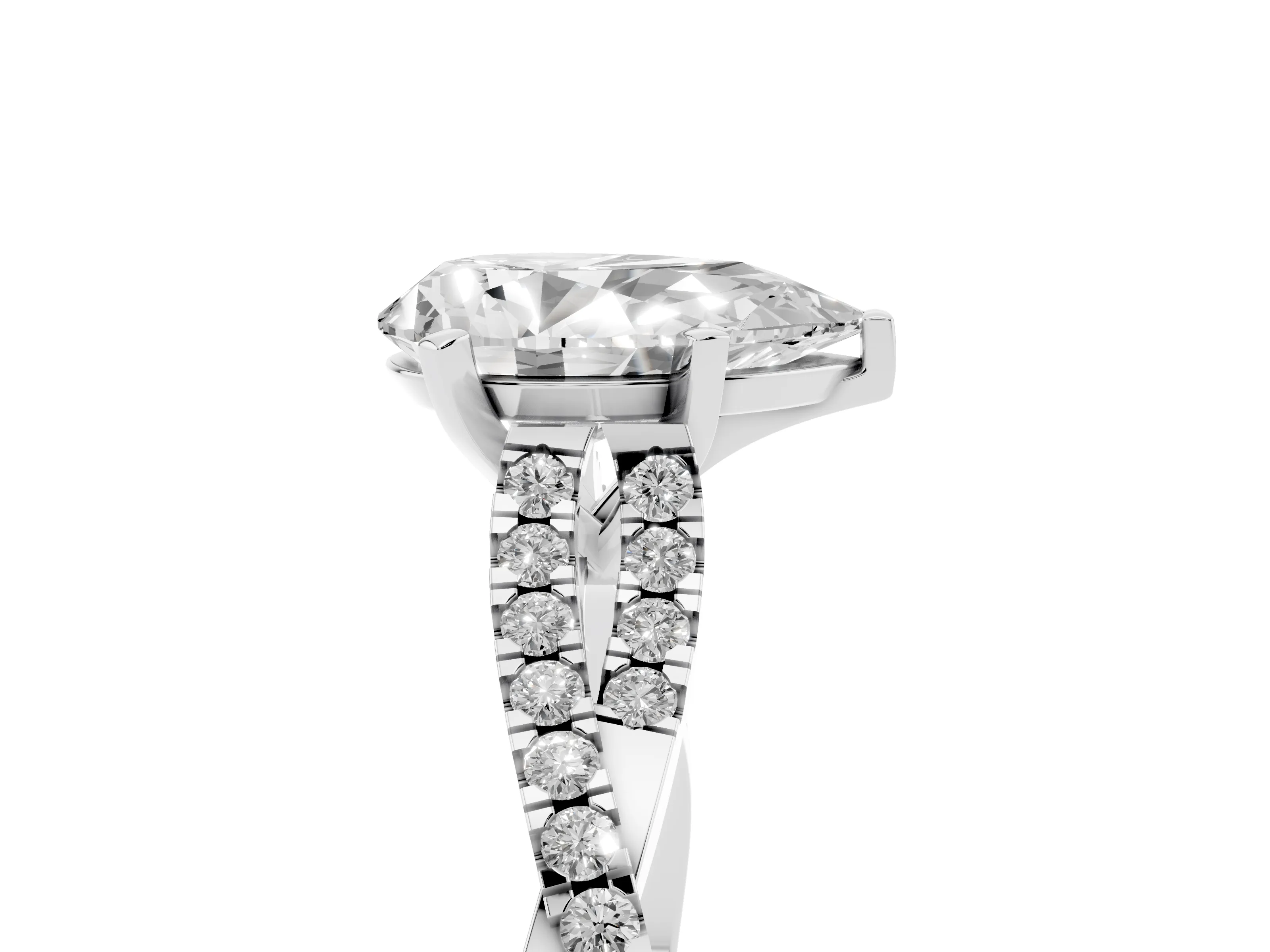 Pear Cut Diamond Solitaire Engagement Ring Set in White gold with Twisted Pavé Band and Prong Setting