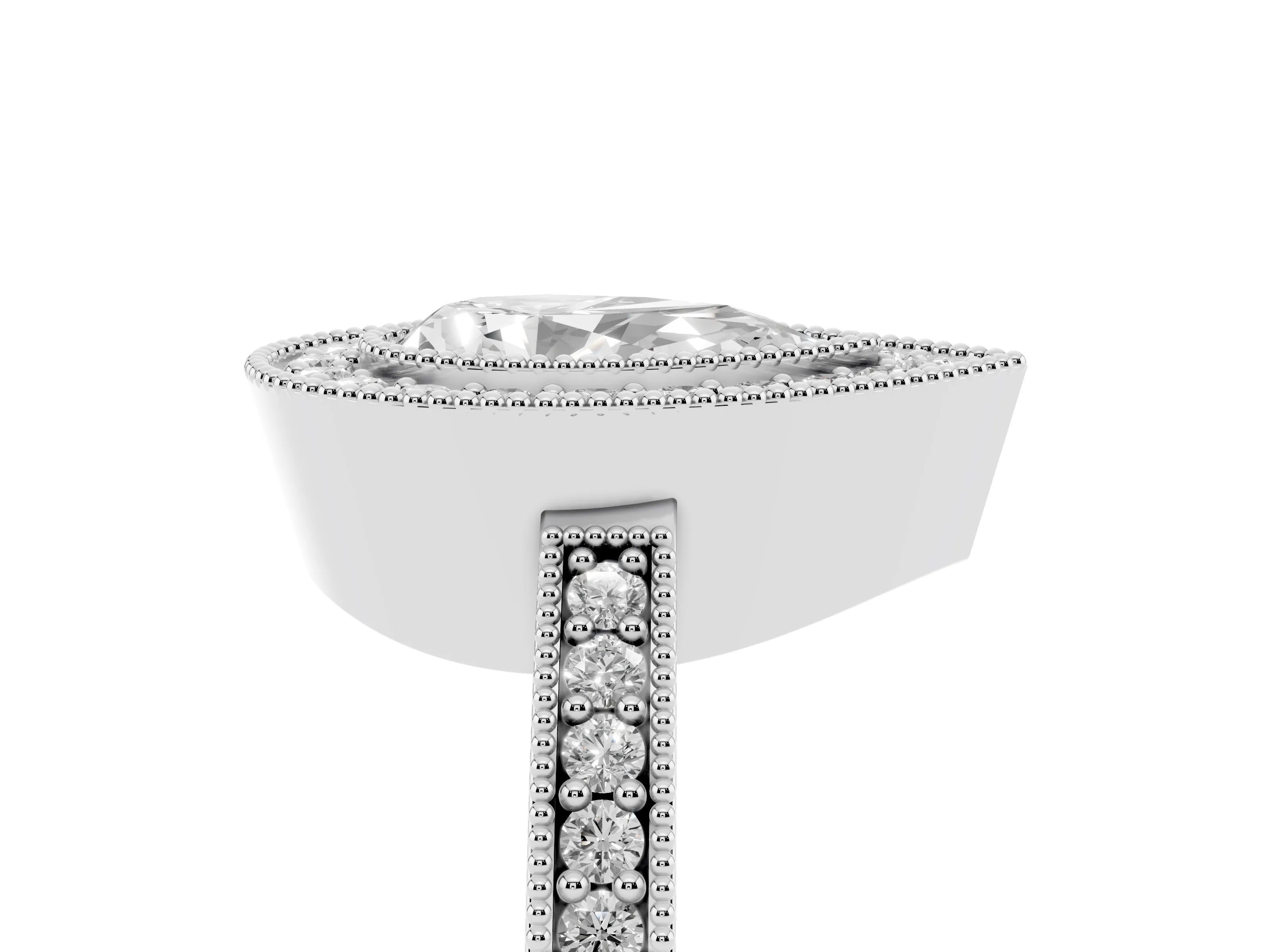 Pear Cut Diamond Halo Engagement Ring Set in White gold with Pavé Band and Round Halo Stones