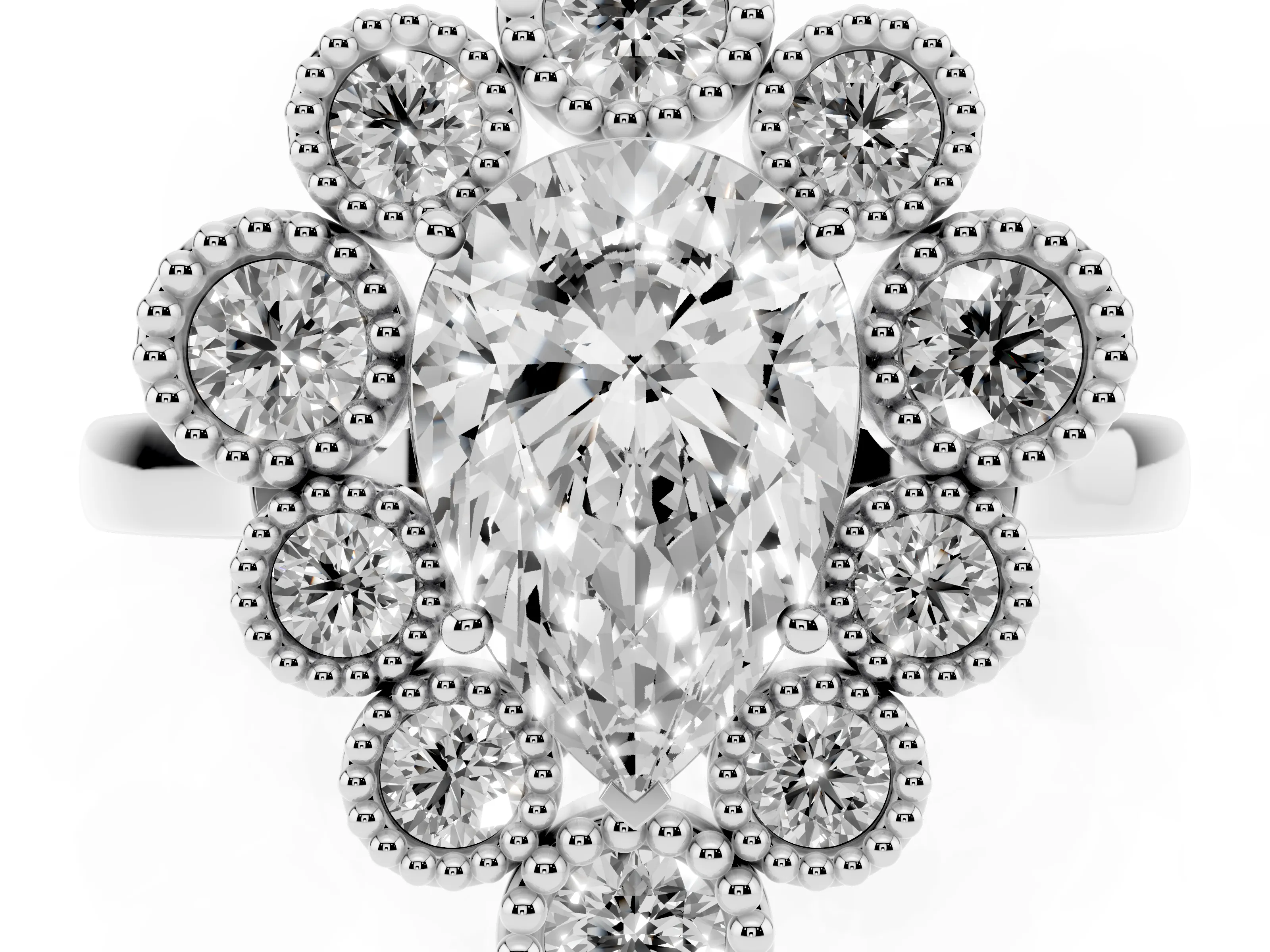 Pear Cut Diamond Cluster Halo Ring Set in White gold with Milgrain Bezel Accents and Plain Band