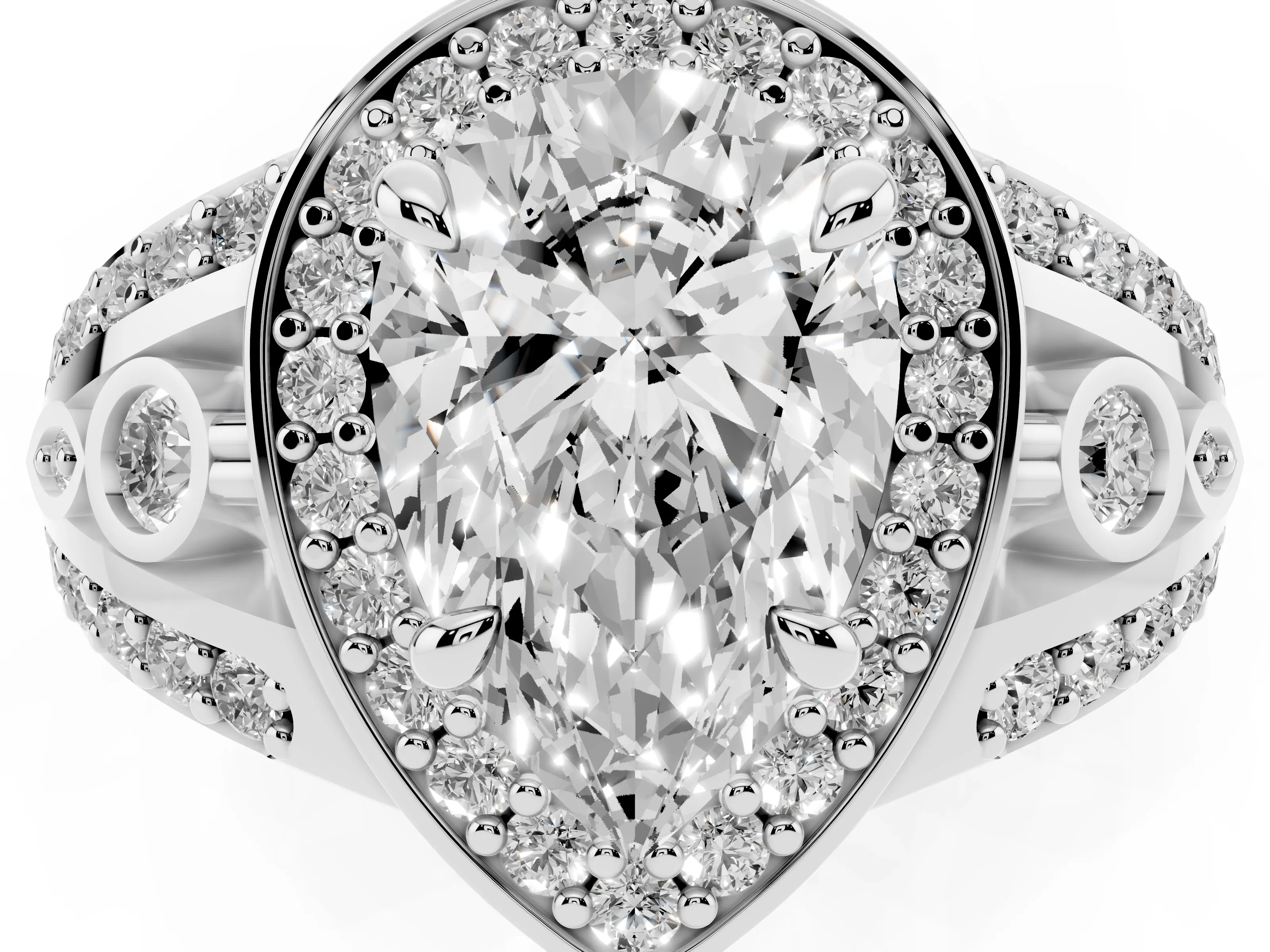 Pear Cut Diamond Halo Ring Set in White gold with Pavé Split Shank and Bezel Accents
