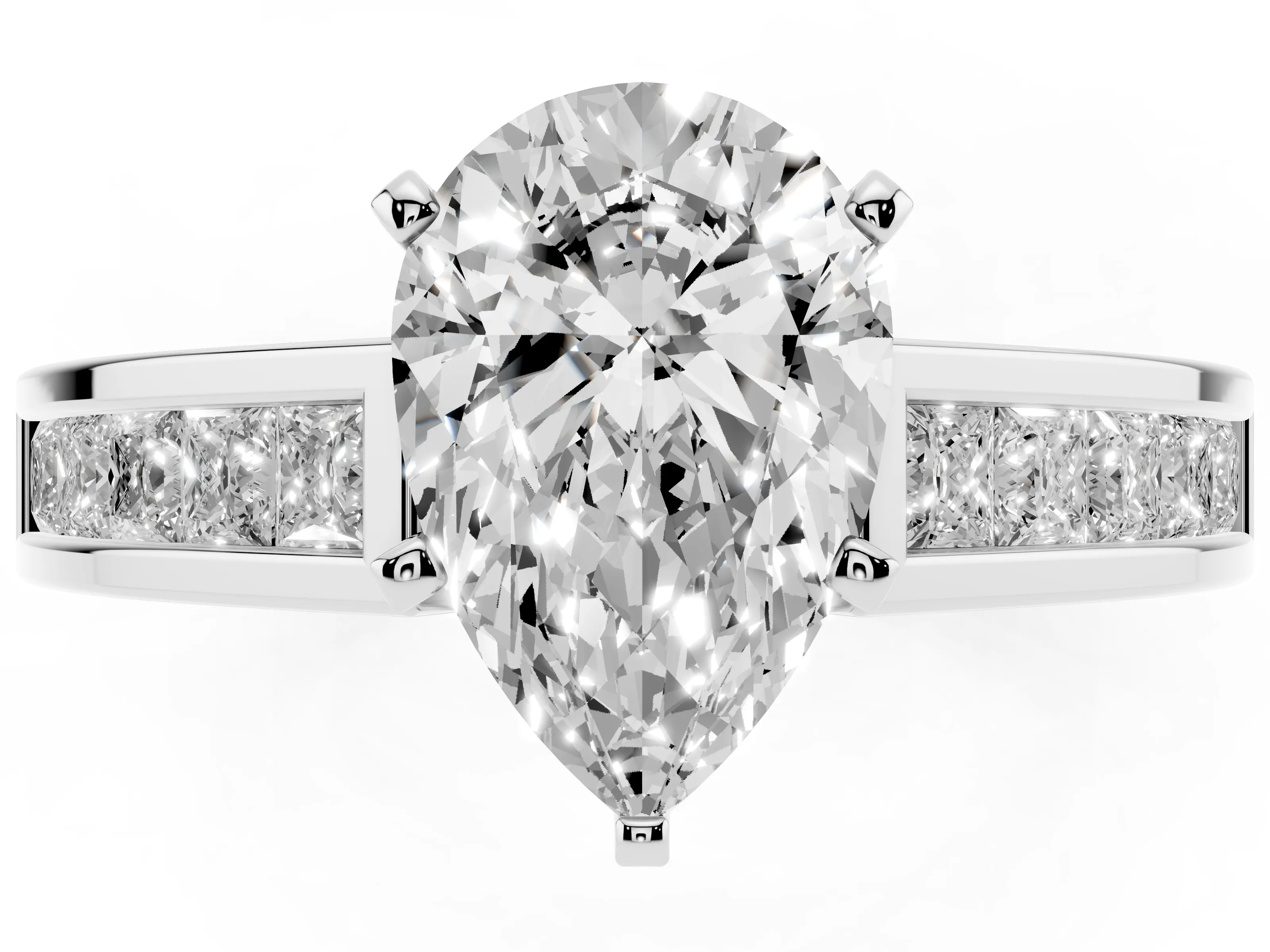 Pear Cut Diamond Solitaire Ring Set in Silver with Channel-Set Band and Prong Setting