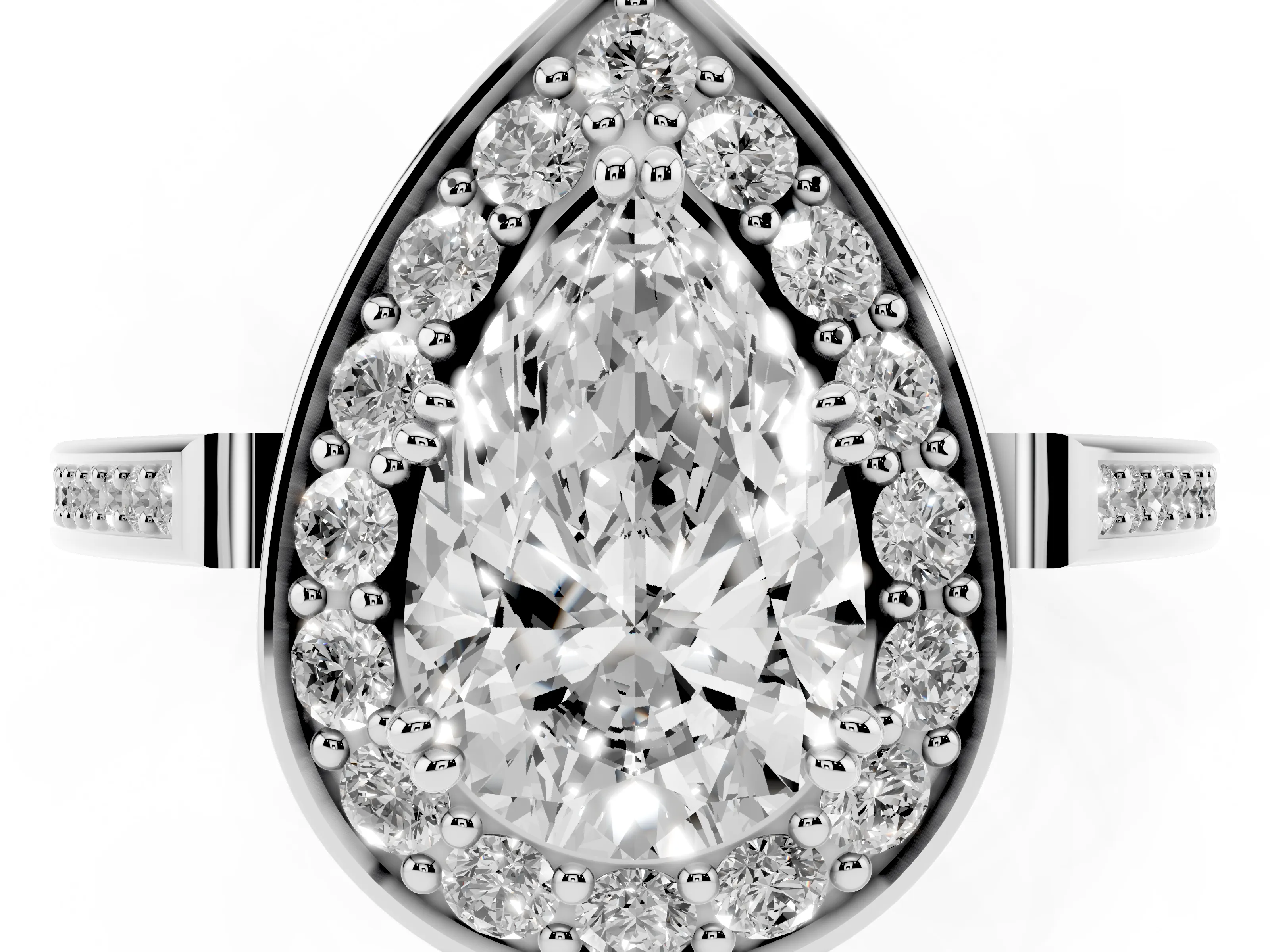 Pear Cut Diamond Halo Ring Set in Platinum with Accent-Lined Split Shank and Prong Setting