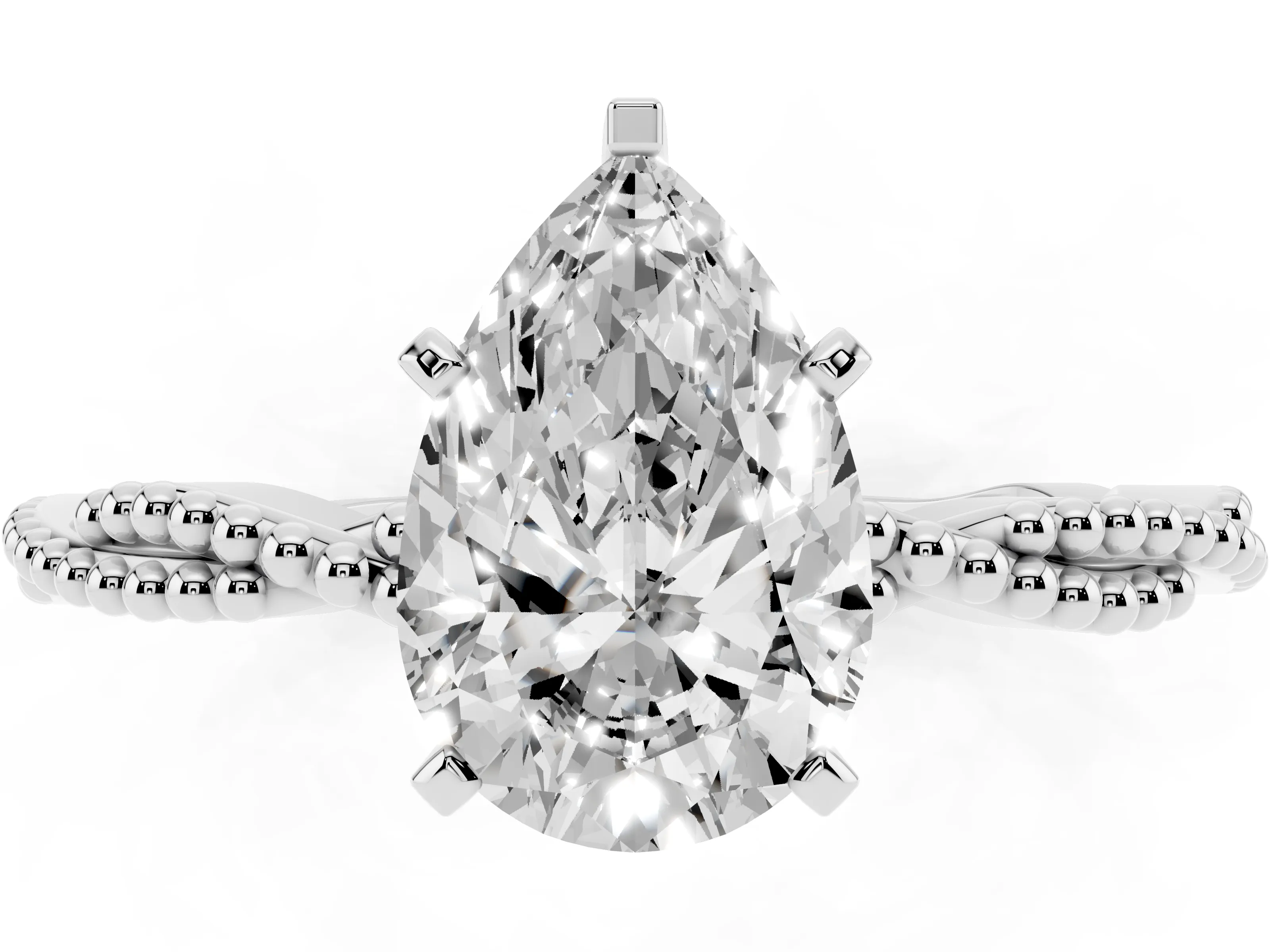 Pear Cut Diamond Solitaire Ring Set in White gold with Twisted Band and Bead Prong Setting