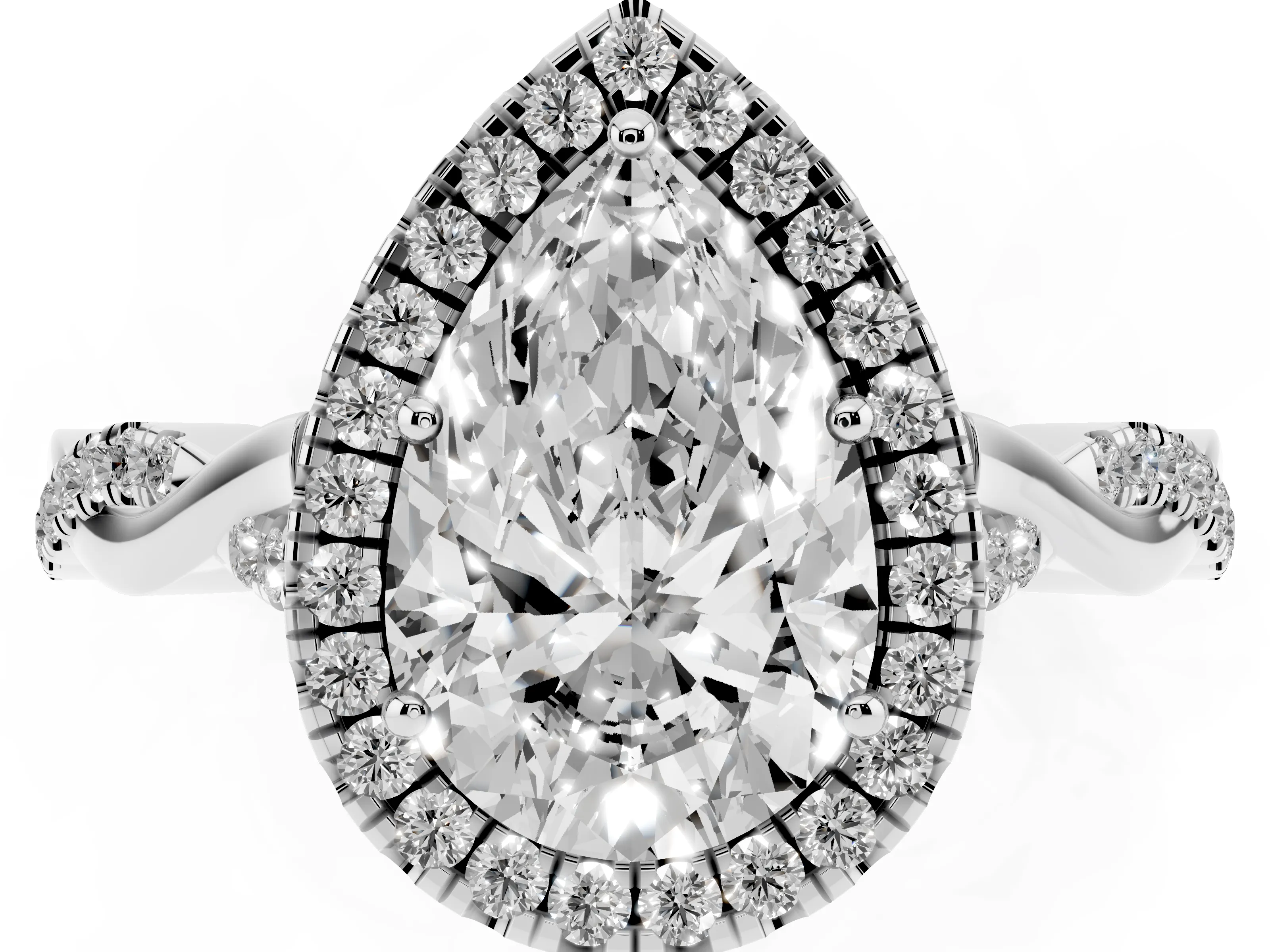 Pear Cut Diamond Halo Twist Band Solitaire Ring Set in White gold with Prong Setting