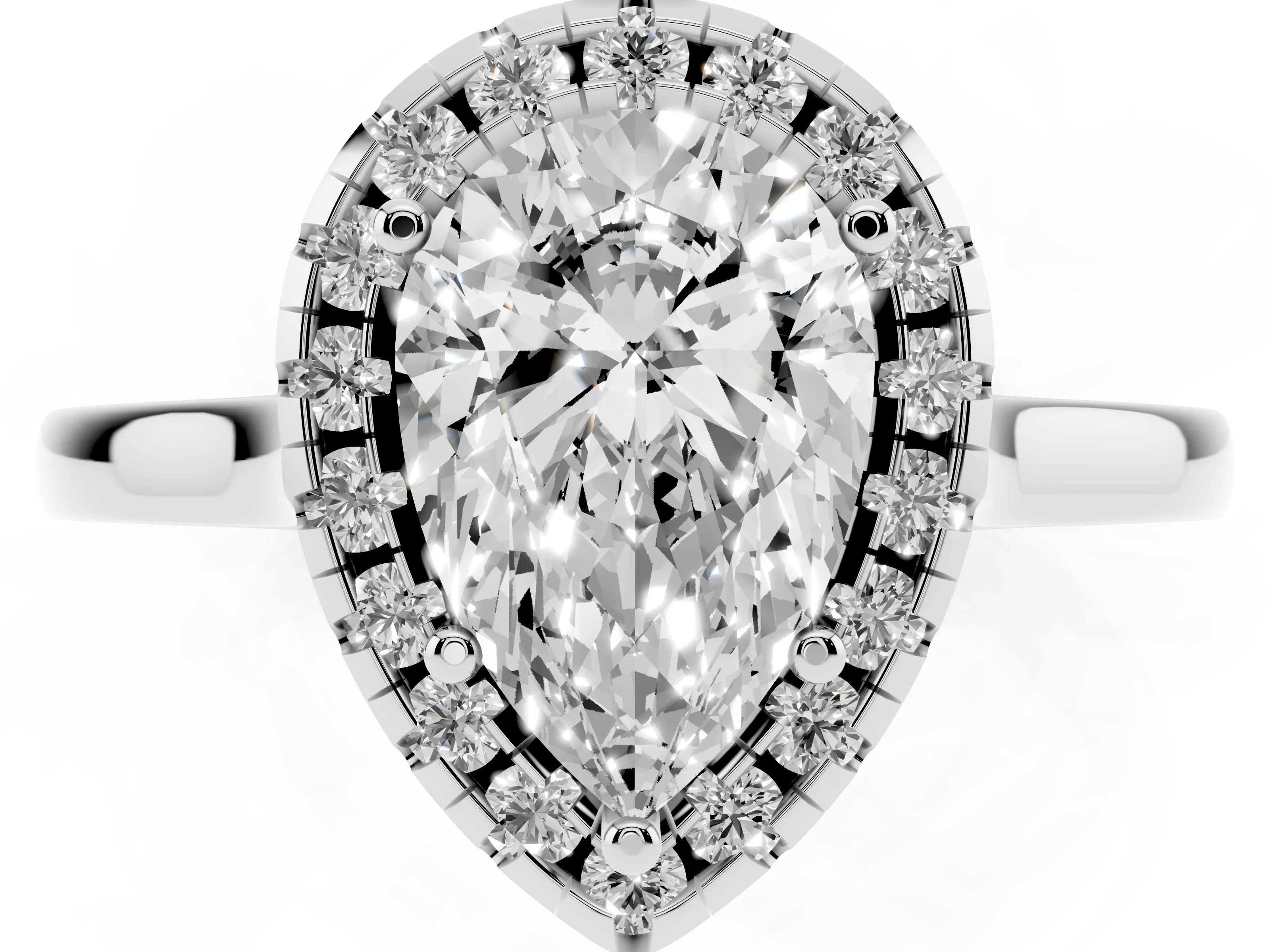 Pear Cut Halo Round Diamond Solitaire Ring Set in Platinum with Pavé Band and Prong Setting