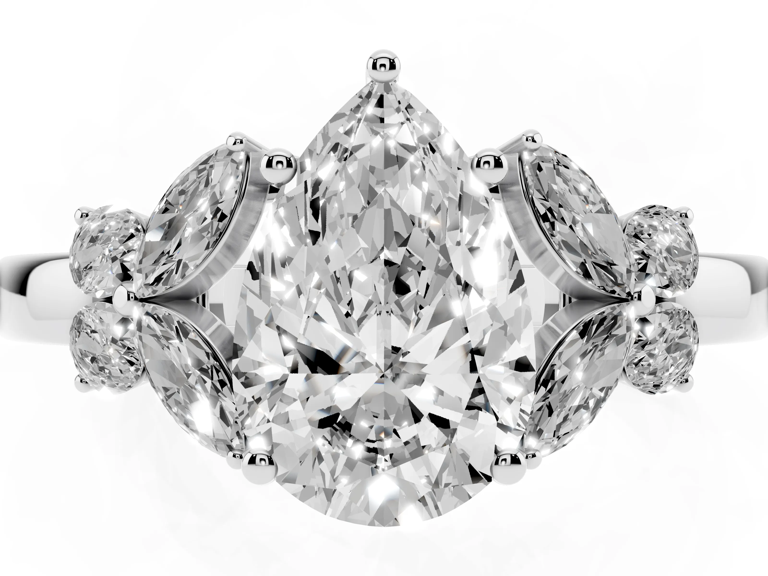 Pear Cut Diamond Solitaire Floral Ring Set in Silver with Marquise Petals and Prong Setting