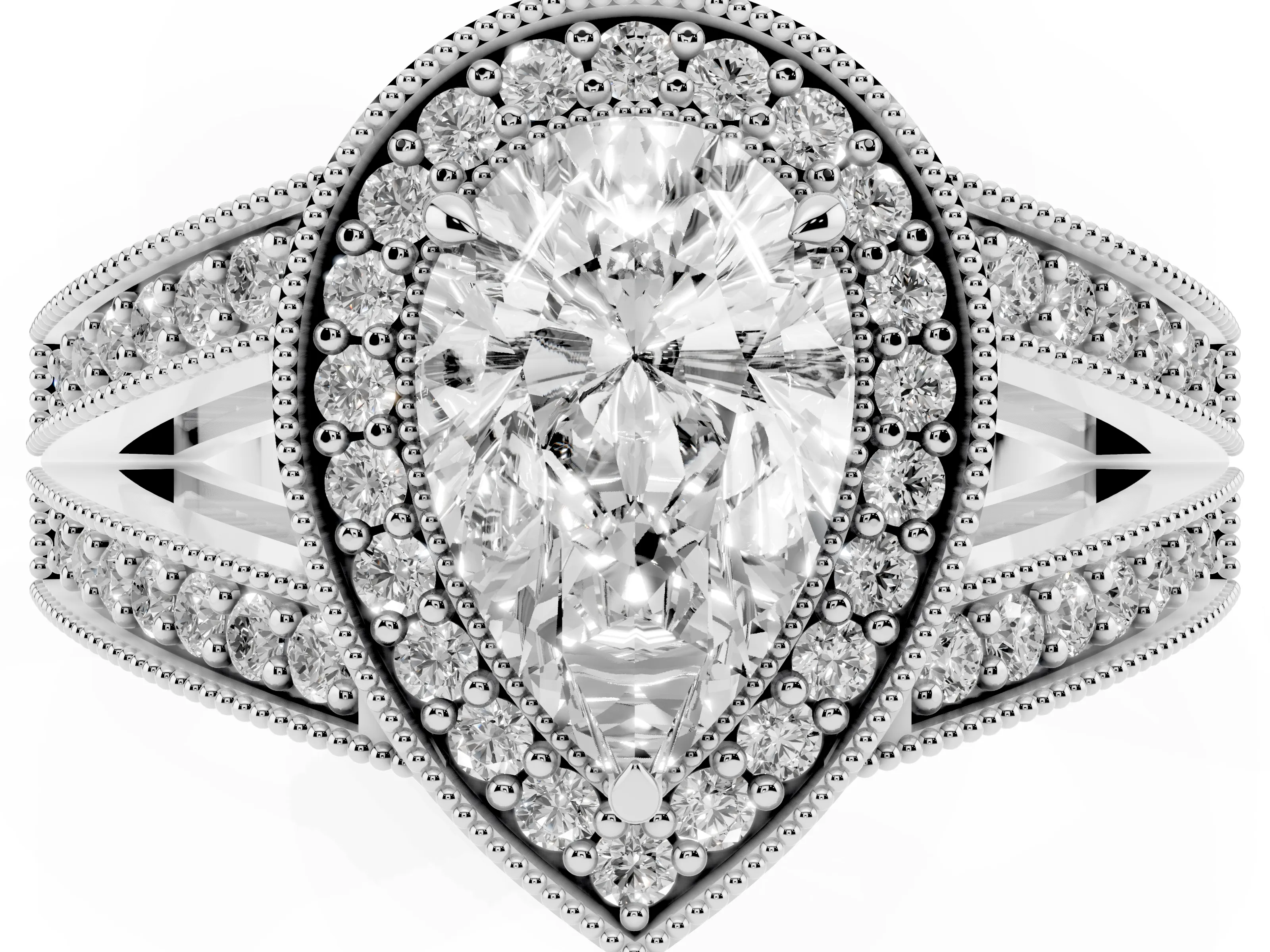 Pear Cut Diamond Halo Ring Set in White gold with Stone-Set Split Shank and Milgrain Edges