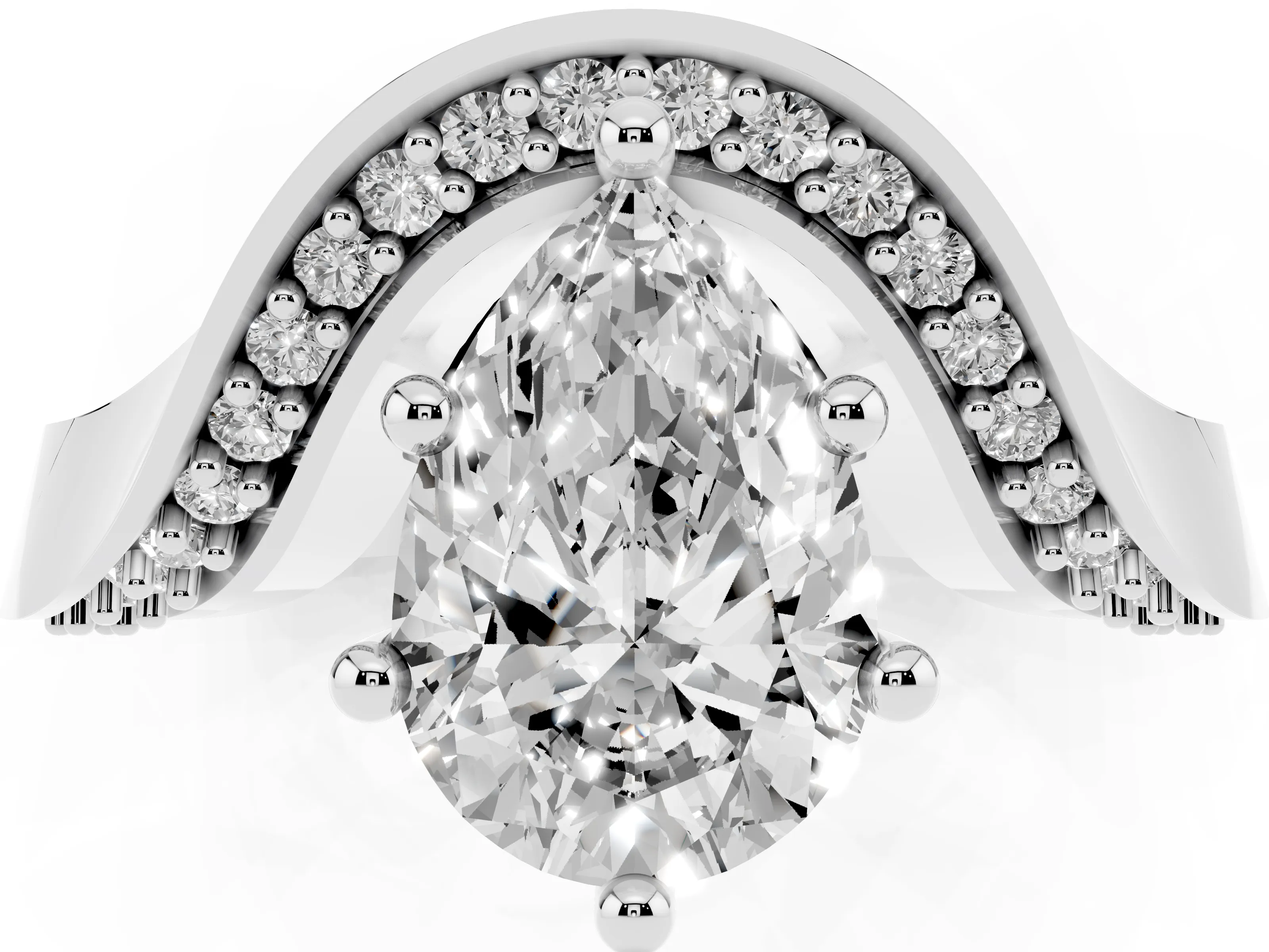 Pear Cut Diamond Solitaire Engagement Ring Set in White gold with Pavé Shoulders