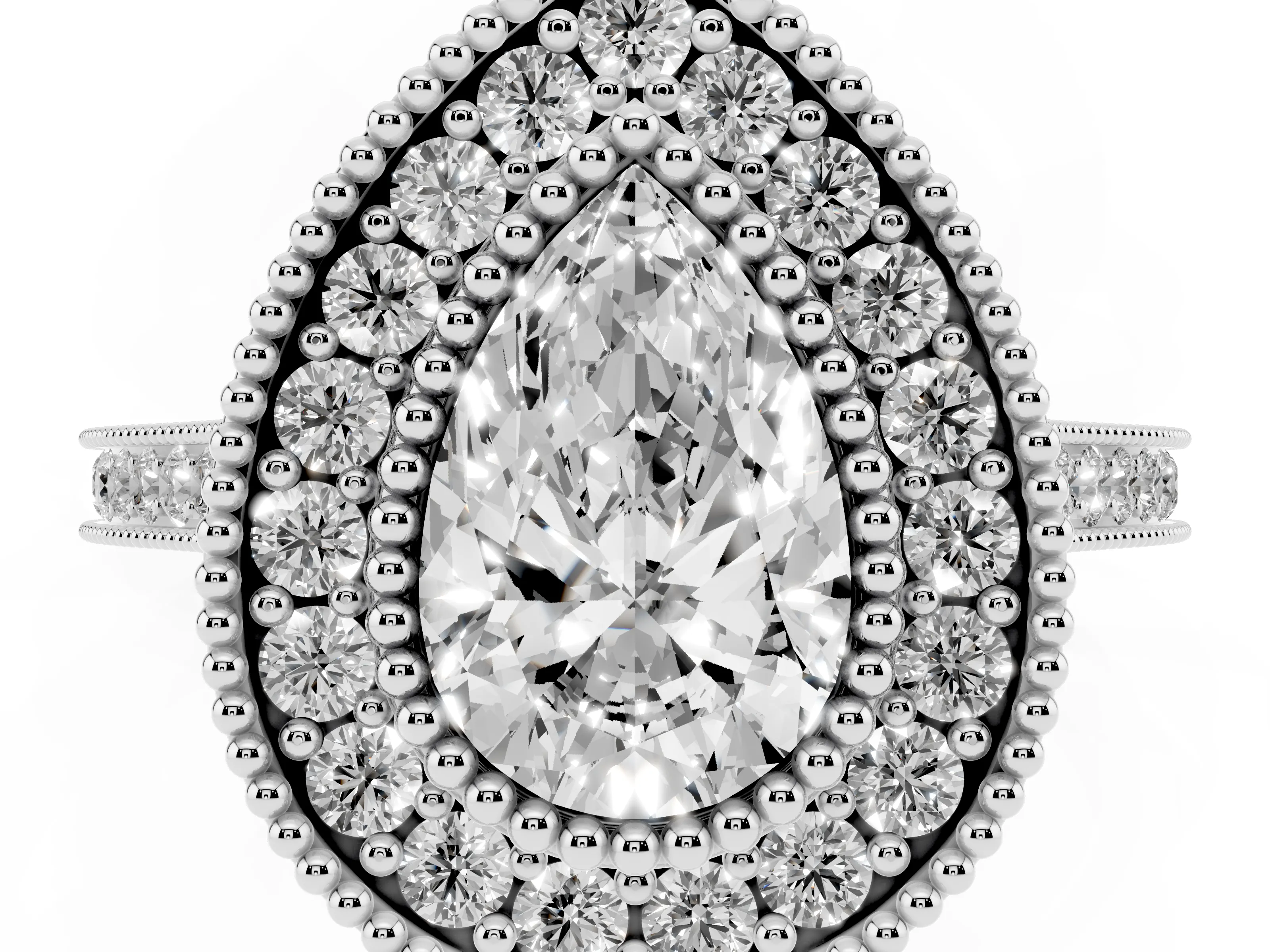 Pear Cut Diamond Halo Ring Set in White gold with Milgrain Frame and Pavé Band
