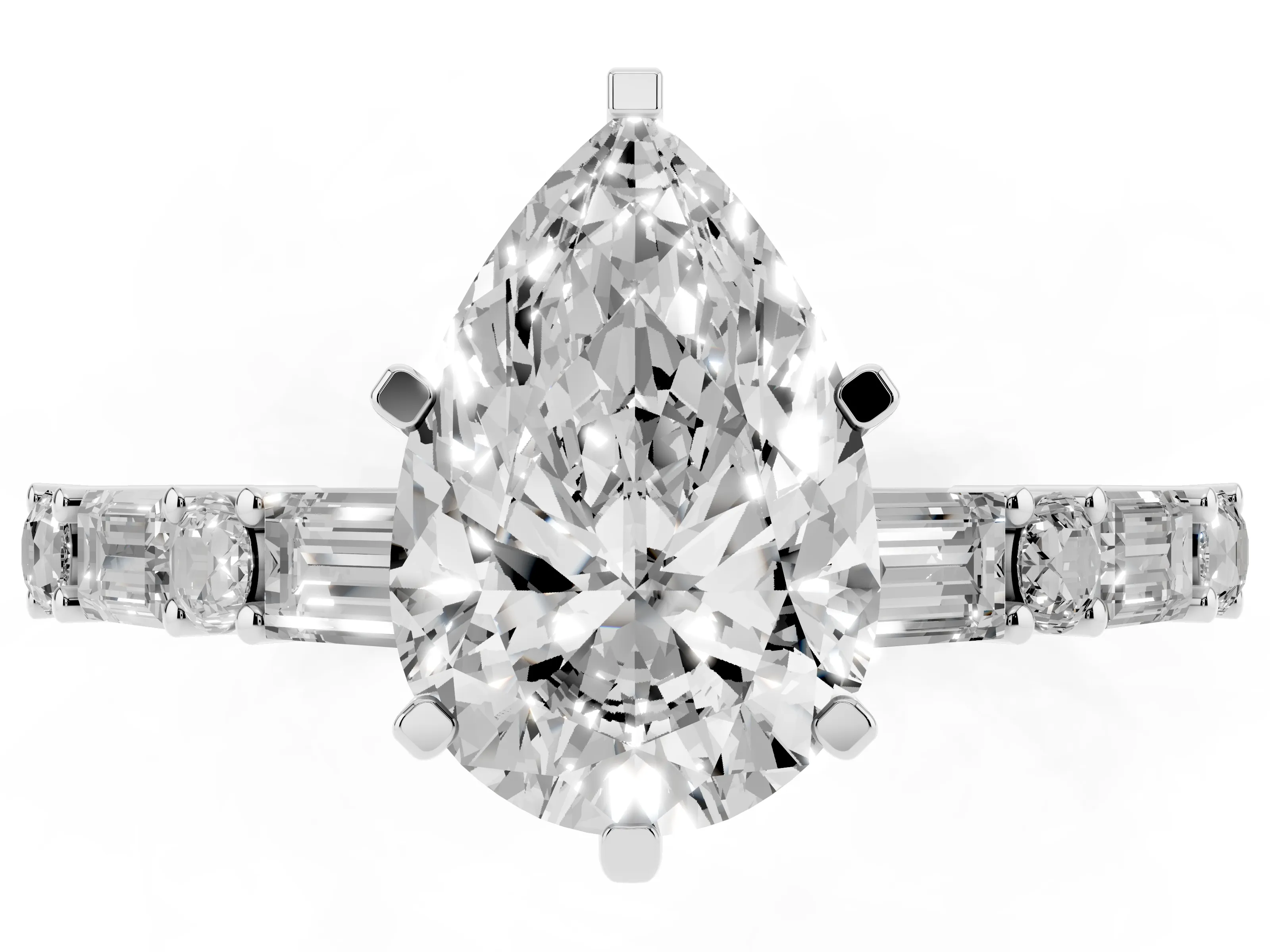 Pear Cut Diamond Solitaire Set in Platinum with Side Baguettes and Channel Set Band