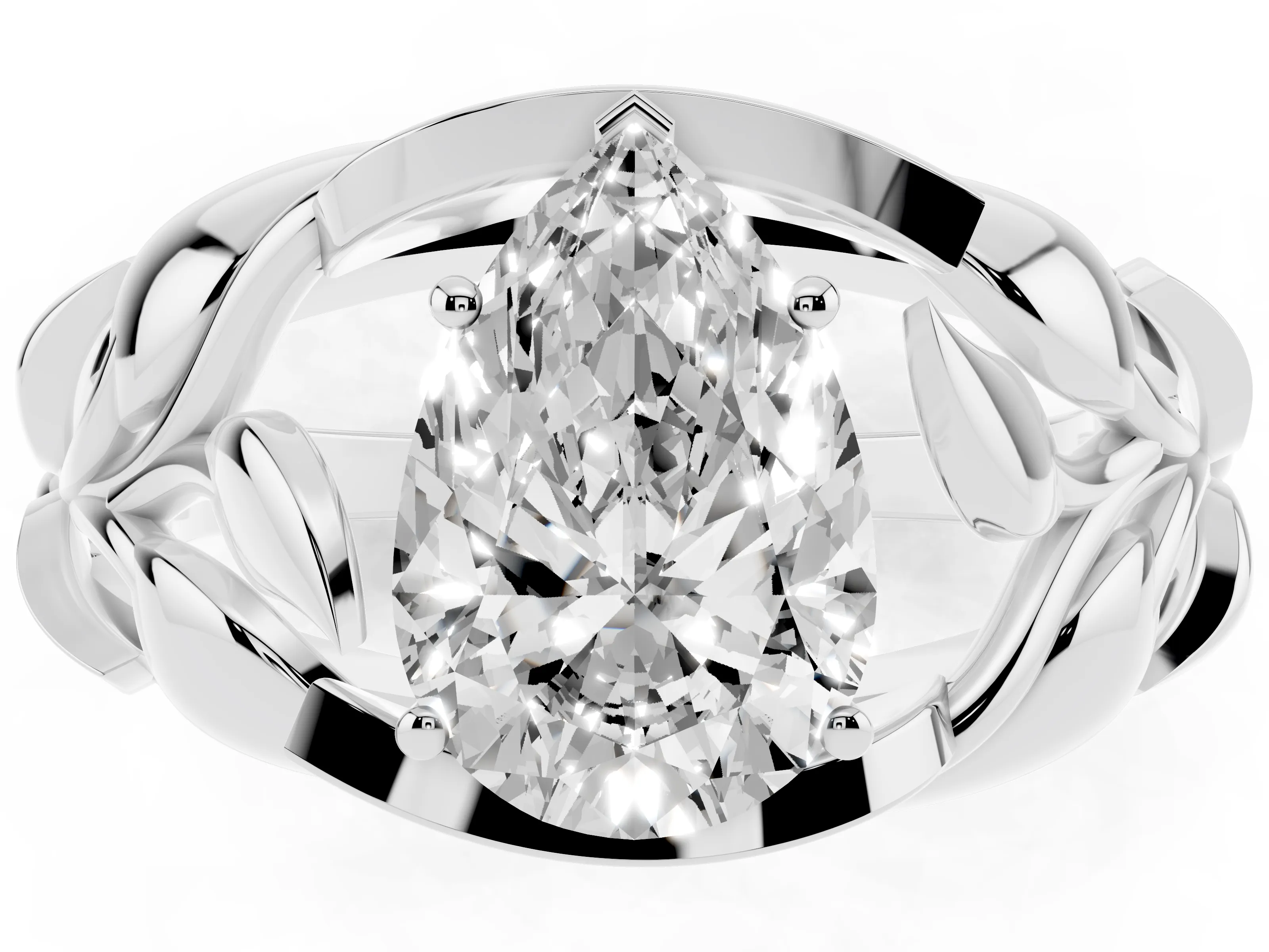 Pear Cut Diamond Leaf-Inspired Engagement Ring Set in Silver with Round Accents