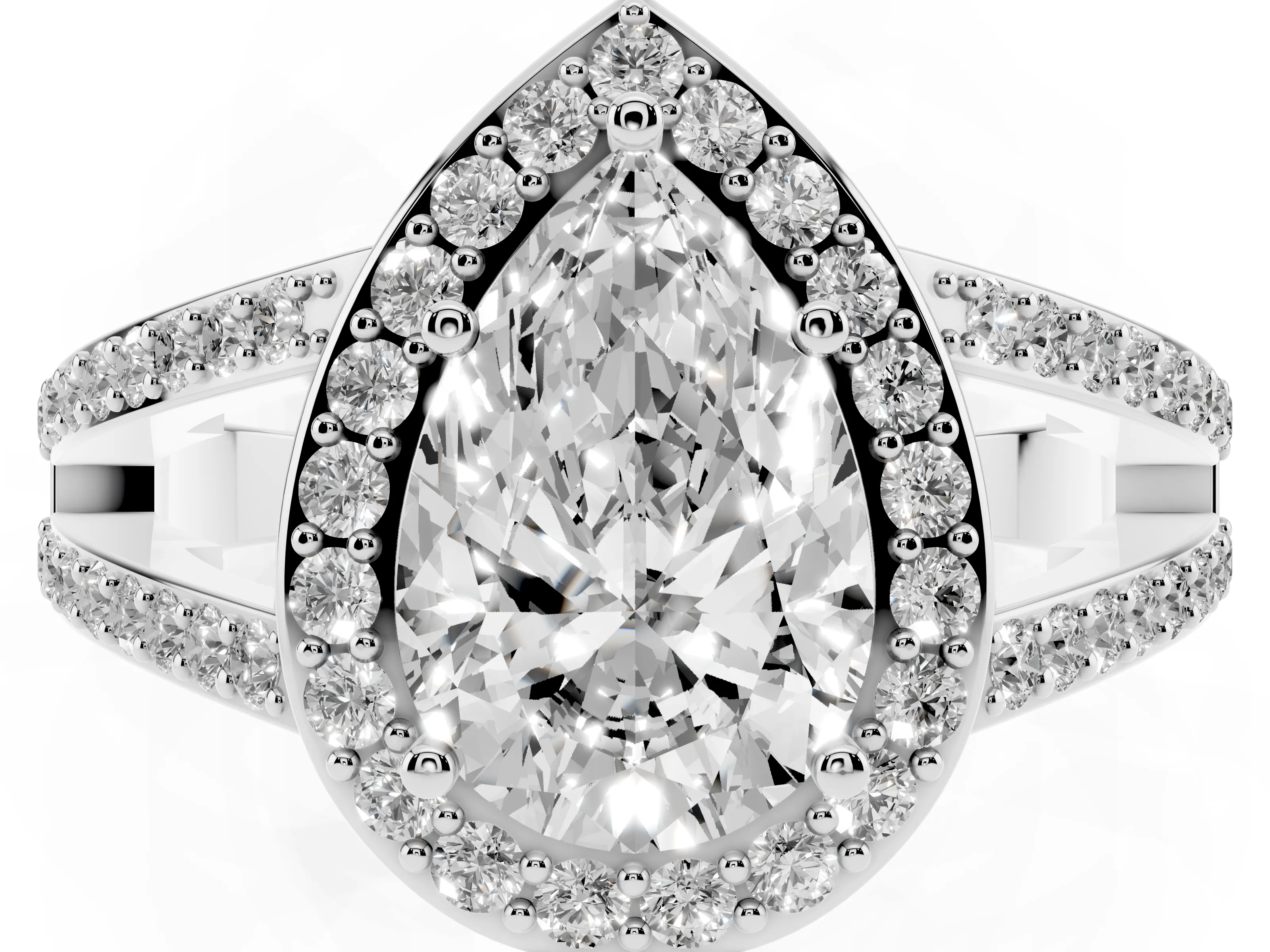 Pear Cut Diamond Halo Ring Set in White gold with U-Prong Split Shank and Prong Setting
