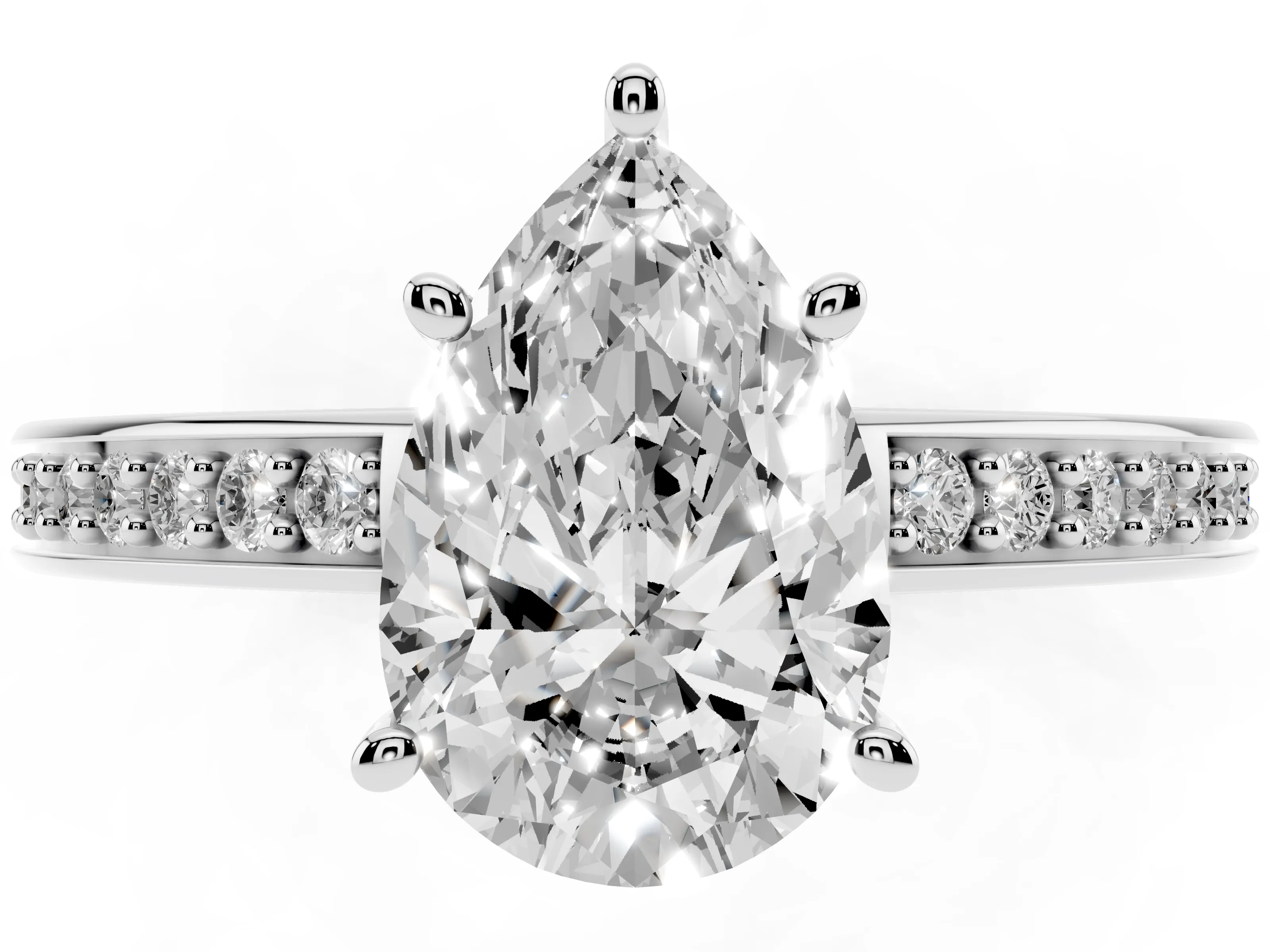 Pear Cut Diamond Pavé Band Prong Set Solitaire Ring Set in White gold