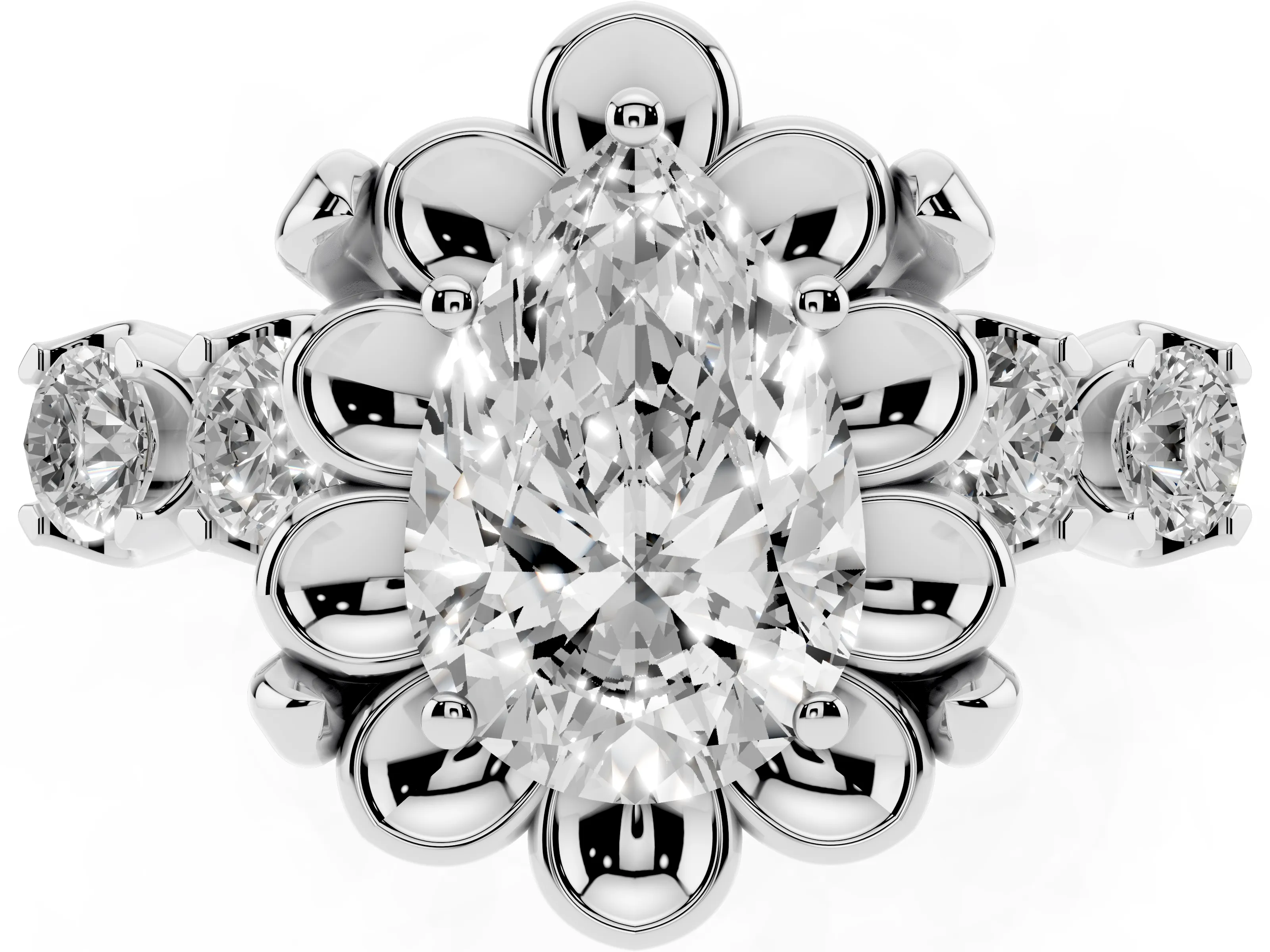 Pear Cut Diamond Floral Halo Ring Set in Silver with Shared Prong Band