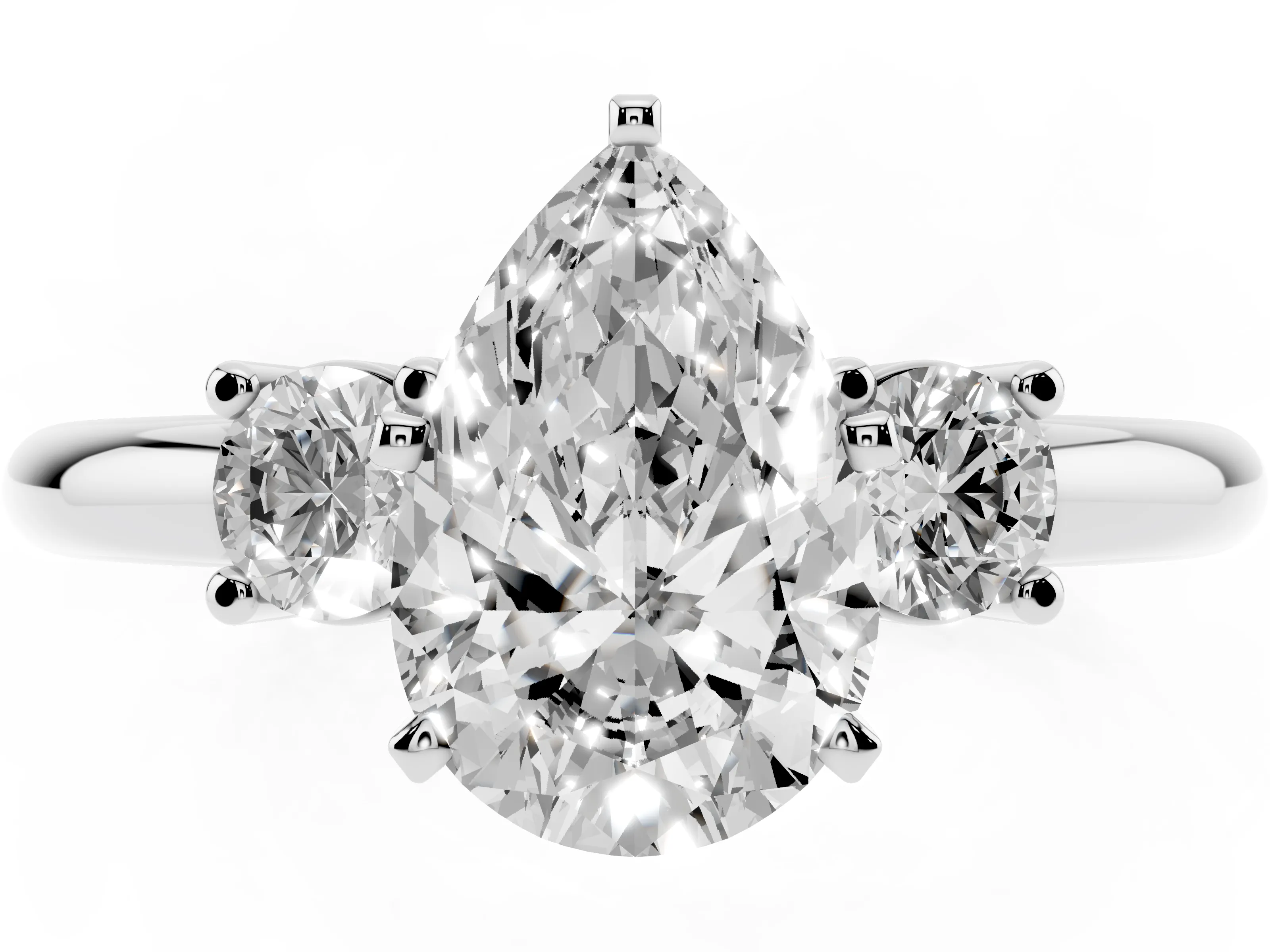 Three-Stone Pear Cut Diamond Ring Set in White gold with Prong Setting and Plain Band