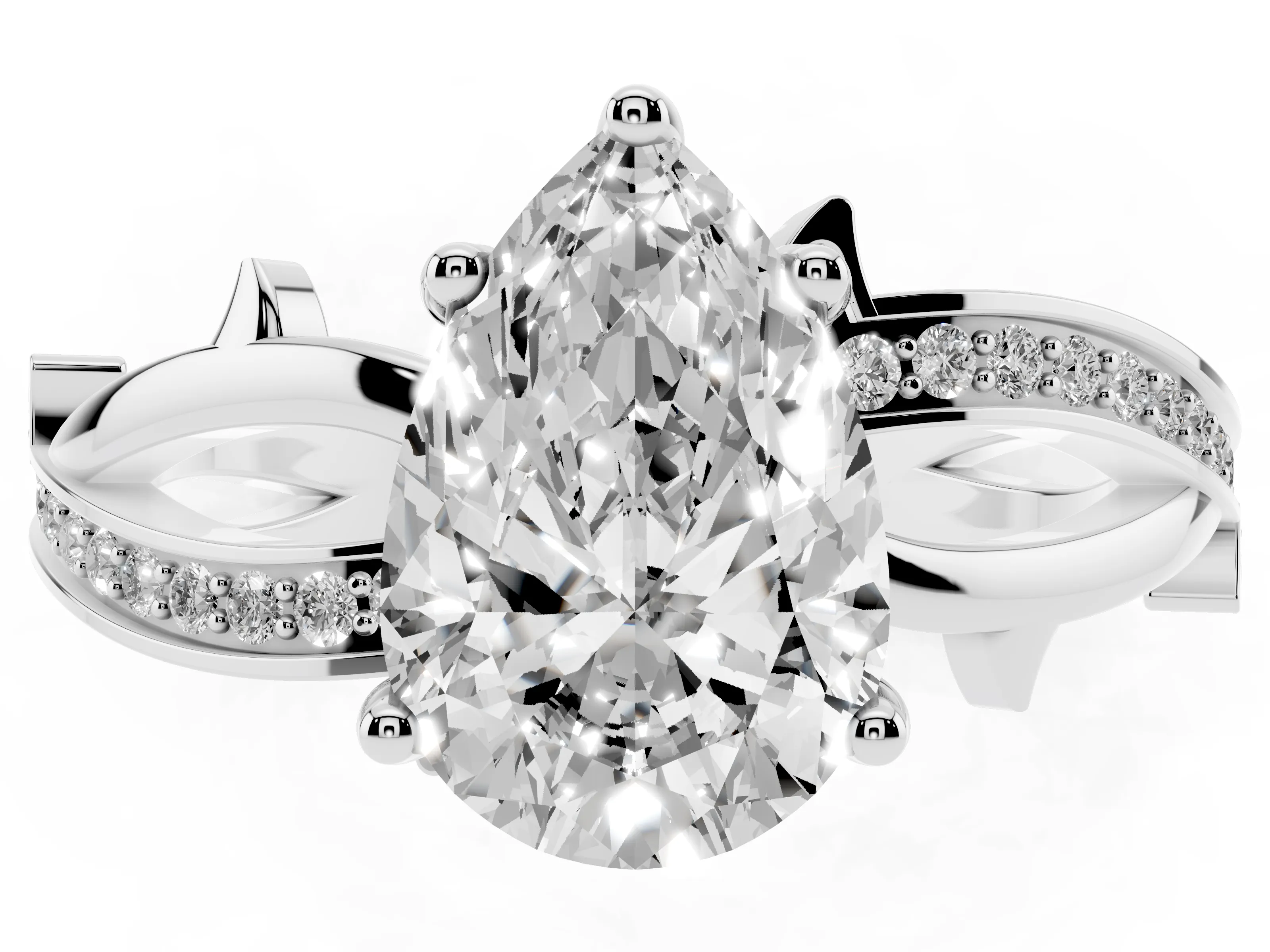 Pear Cut Diamond Pavé Twist Band Solitaire Ring Set in Platinum with Prong Setting