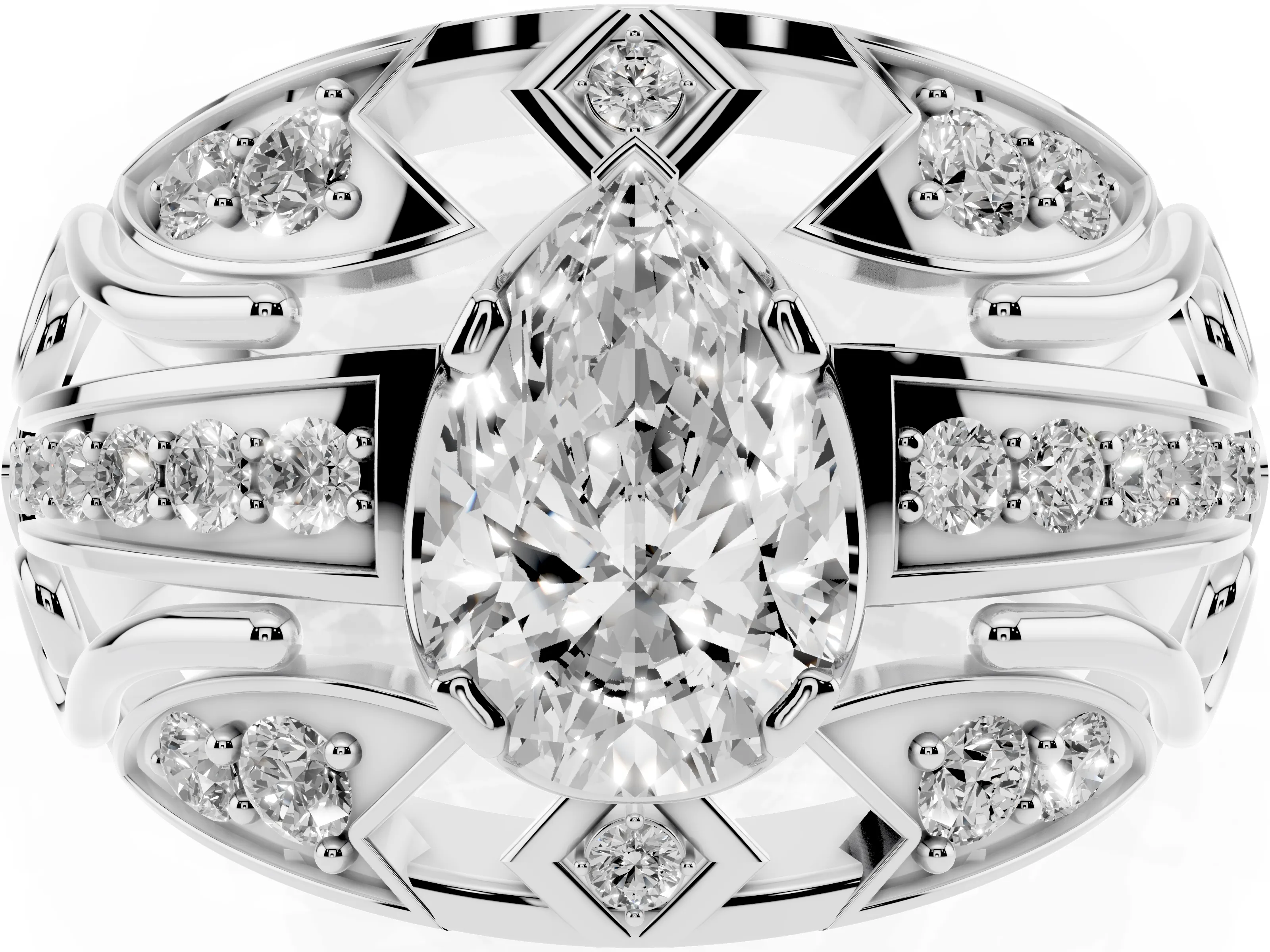 Pear Cut Diamond Art Deco Ring Set in Platinum with Pavé Split Shank