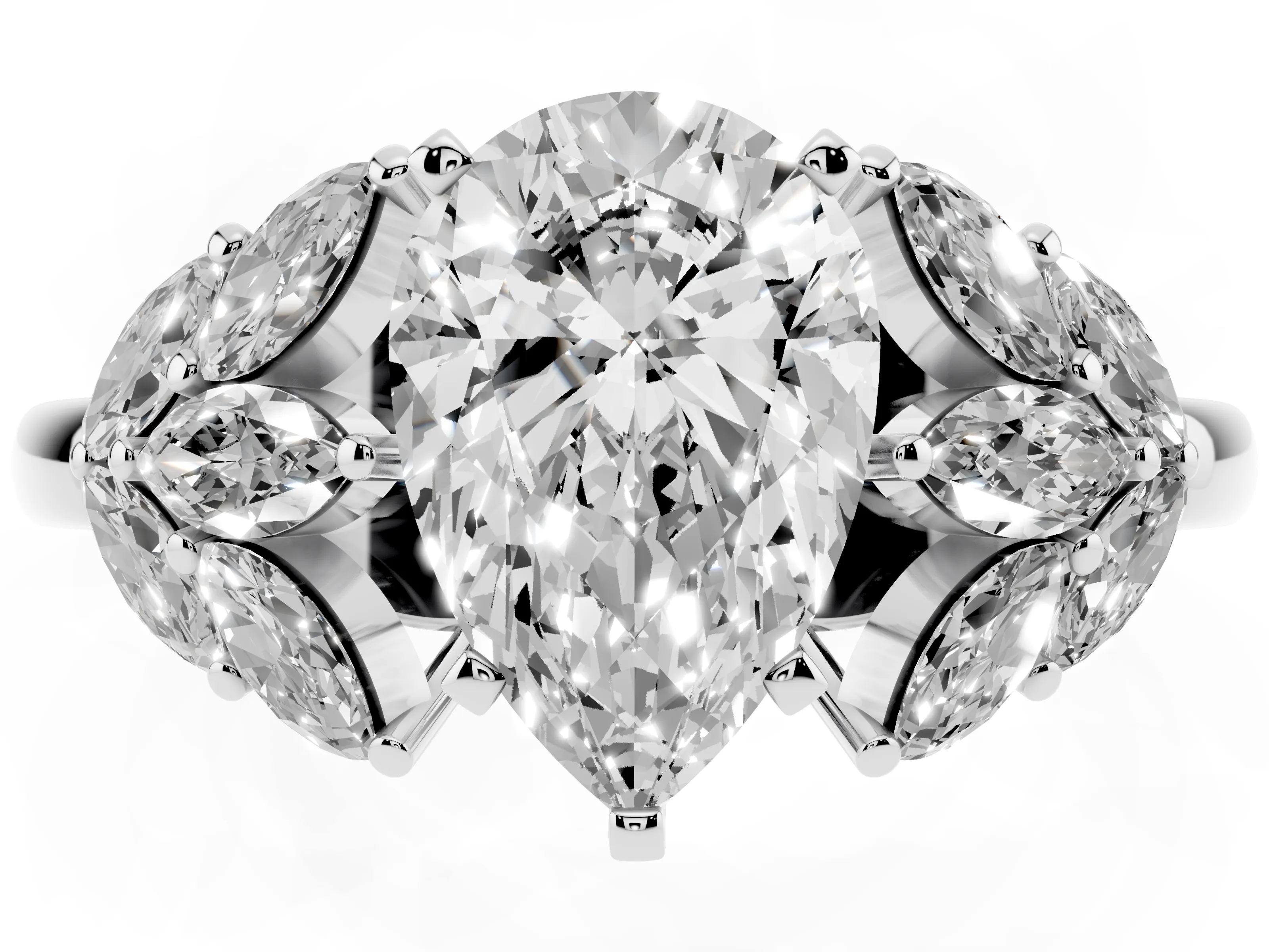 Pear Cut Diamond Cluster Leaf Design Ring Set in Platinum with Prong Setting