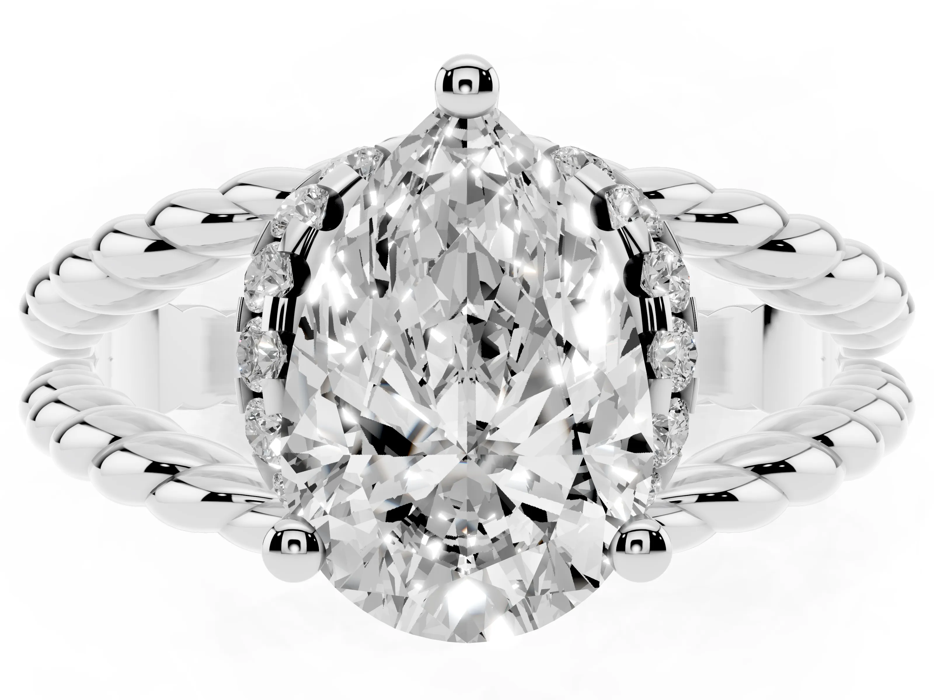 Pear Cut Diamond Halo Ring Set in White gold with Twisted Band and Prong Setting
