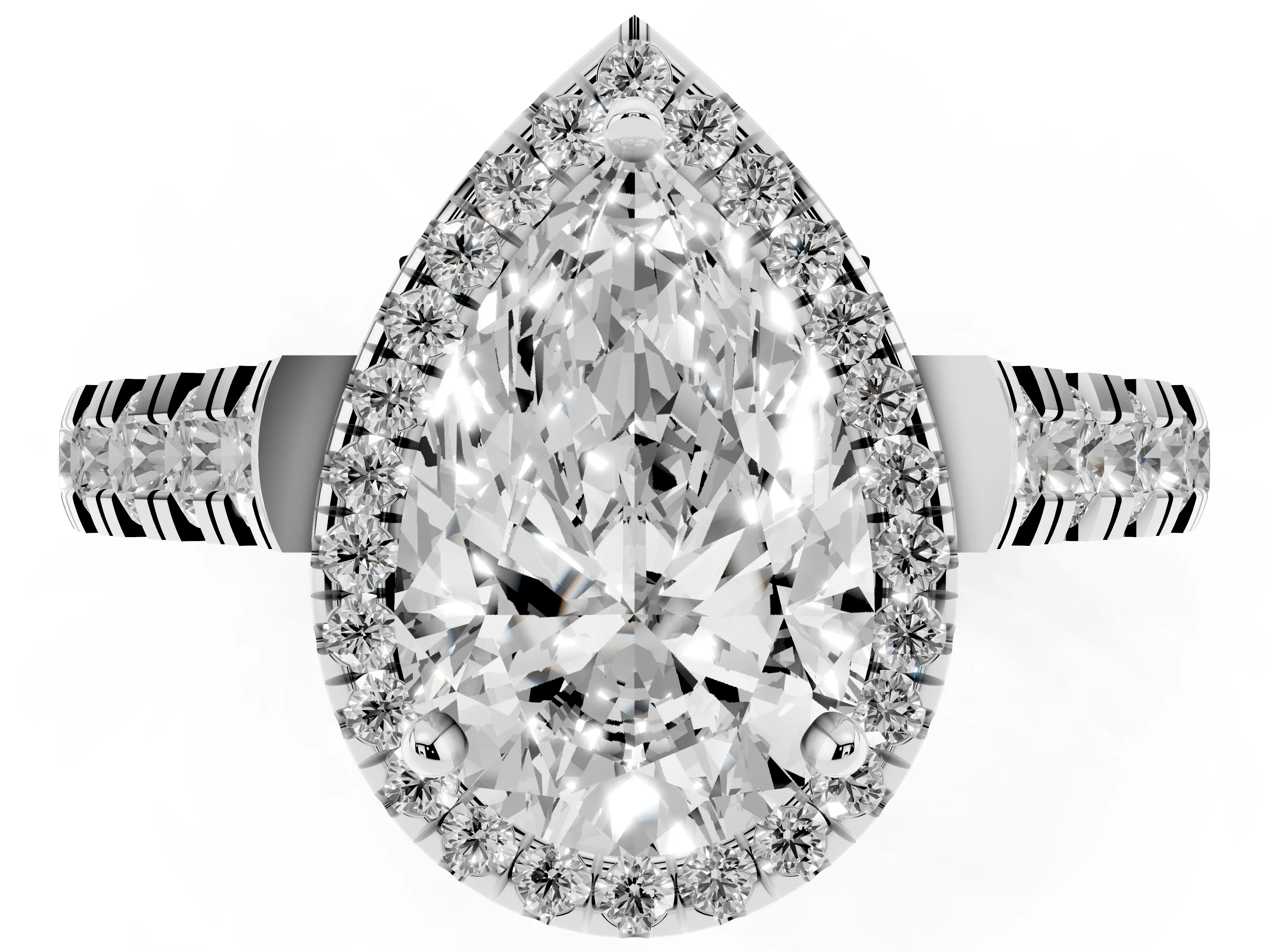 Pear Cut Diamond Halo Engagement Ring Set in White gold with Pavé Band and Prong-Set Center