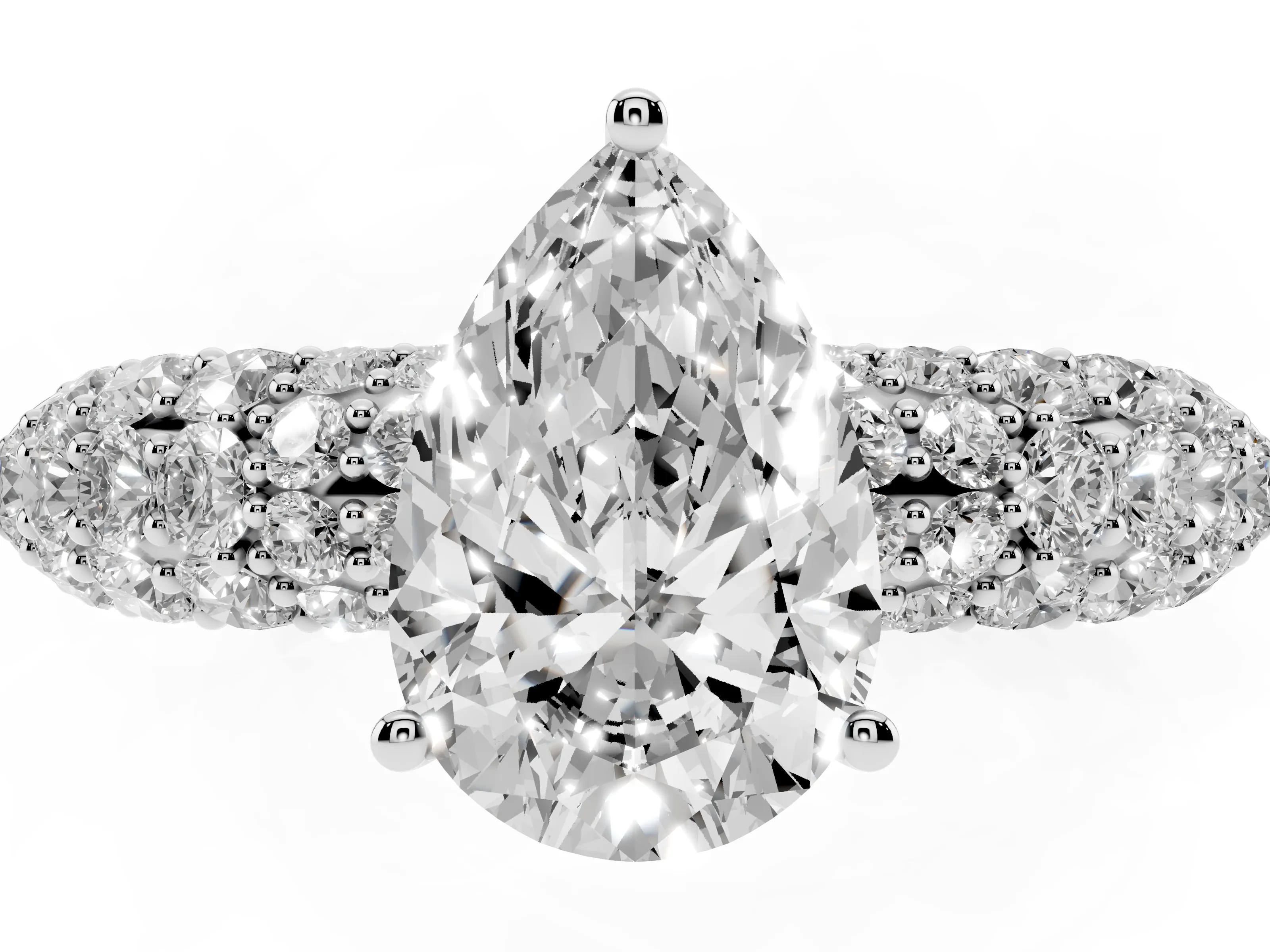 Pear Cut Diamond Pavé Band Solitaire Ring Set in White gold with Close-Set Accent Stones and Prong Setting
