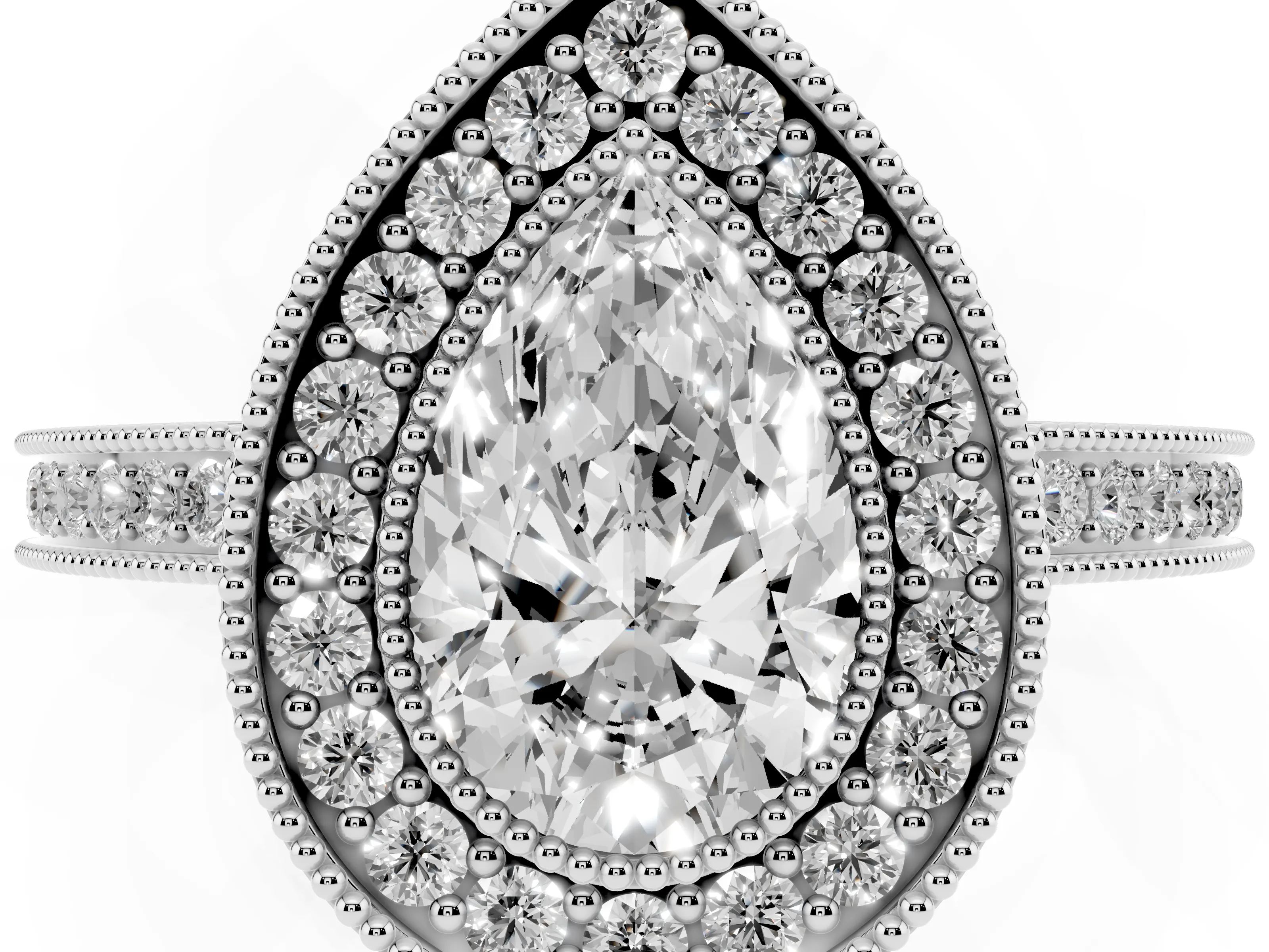 Pear Cut Diamond Halo Ring Set in Platinum with Pavé Band and Milgrain-Edged Prongs