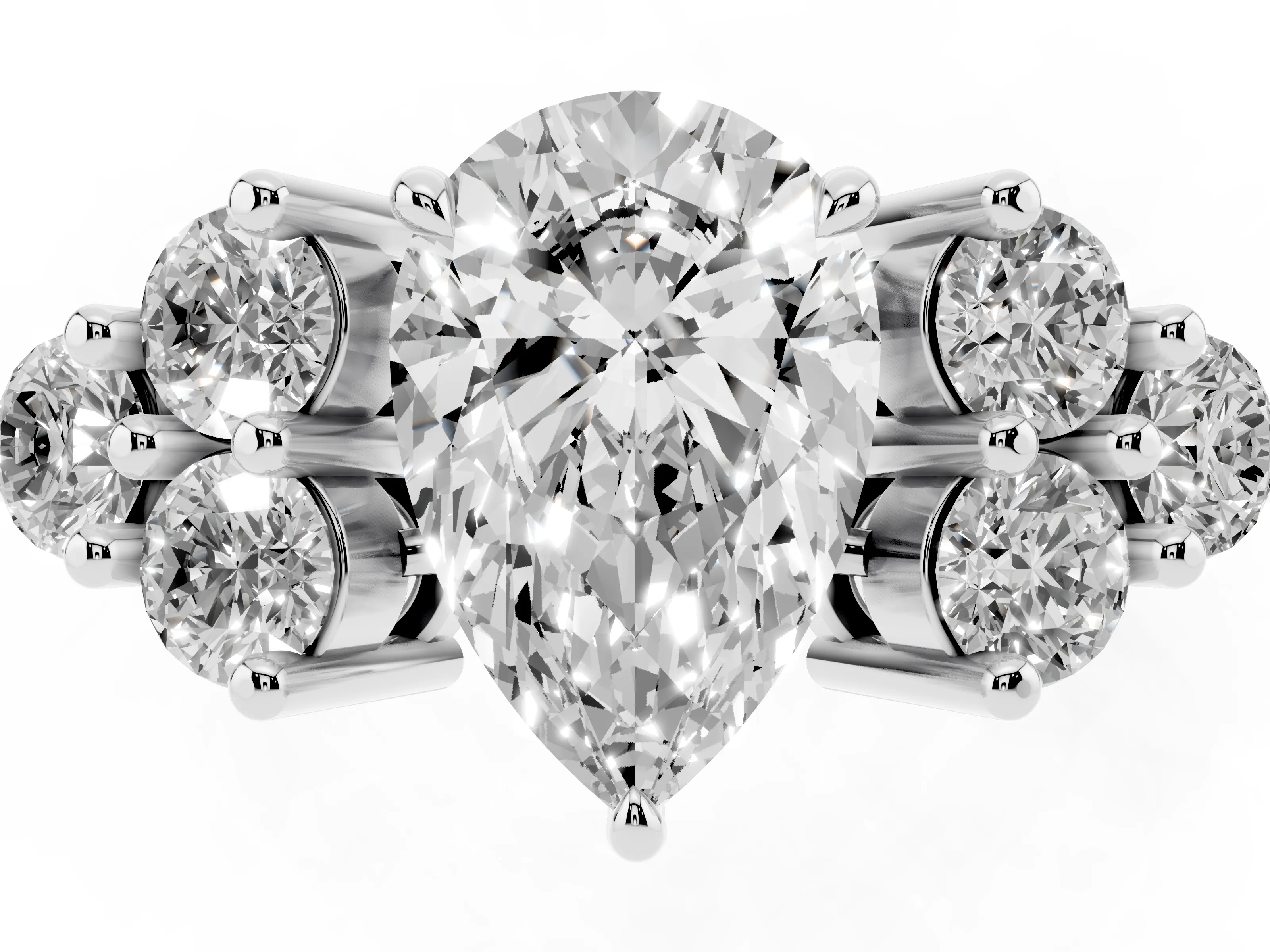 Pear Cut Diamond Solitaire Ring Set in Platinum with Cluster Accents on Each Side