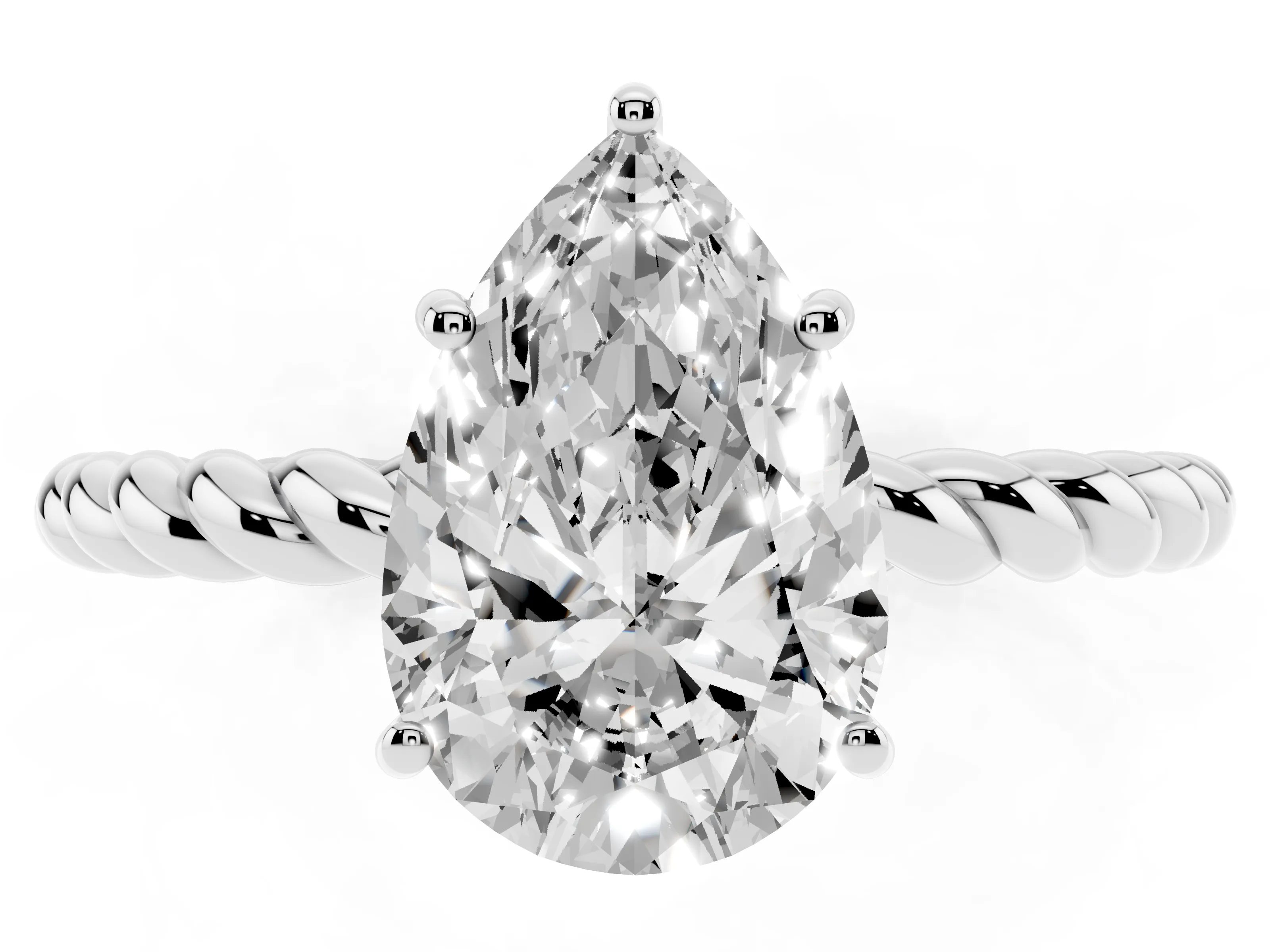 Pear Cut Diamond Solitaire Ring Set in White gold with Twist Band and Prong Setting