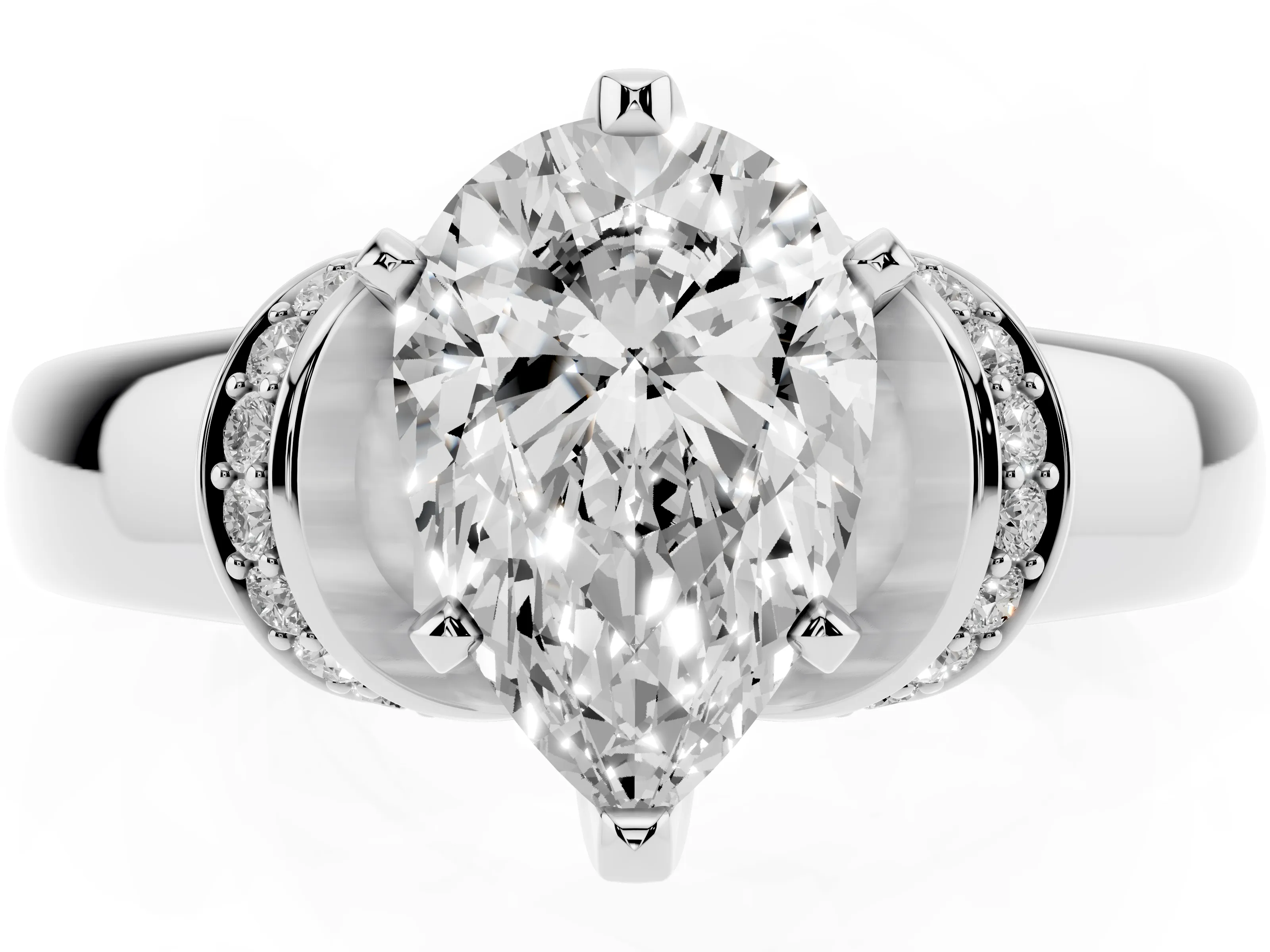 Pear Cut Diamond Pavé Band Solitaire Ring Set in Platinum with Prong Setting