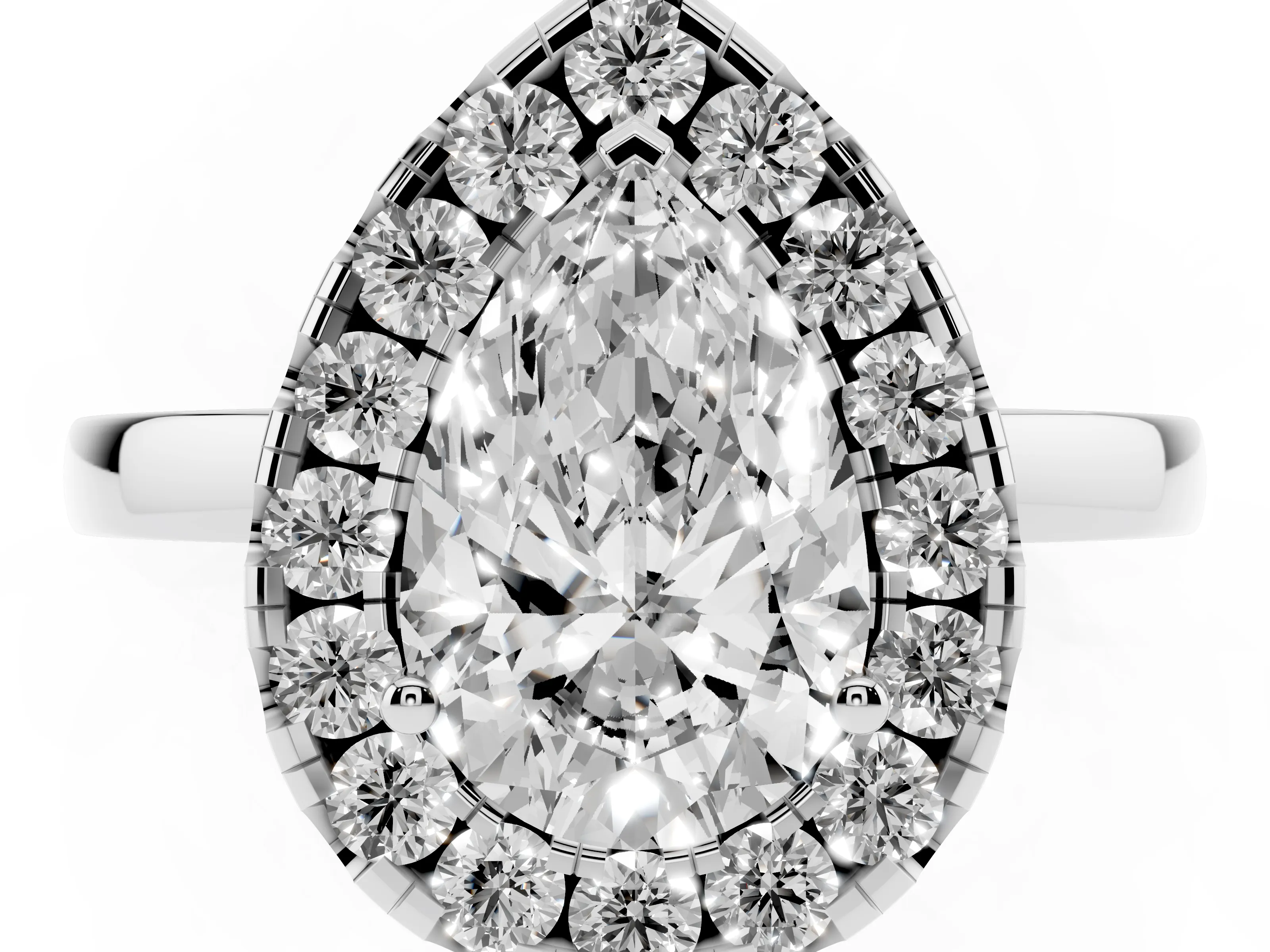 Pear Cut Diamond Halo Solitaire Ring Set in White gold with Pavé Band and Prong Setting