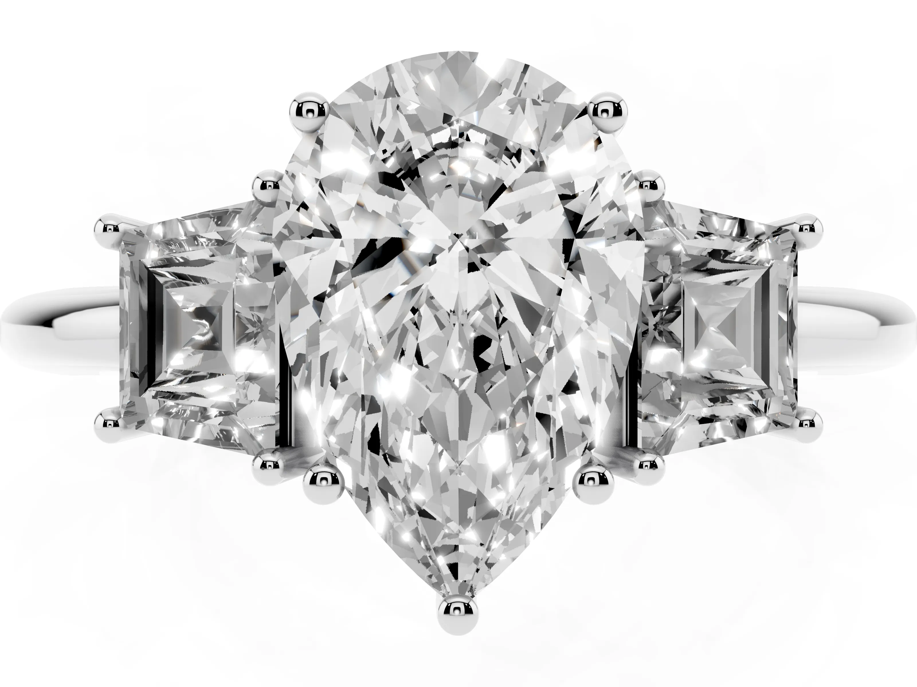 Pear Cut Diamond Three-Stone Ring Set in White gold with Trapezoid Side Stones and Prong Setting