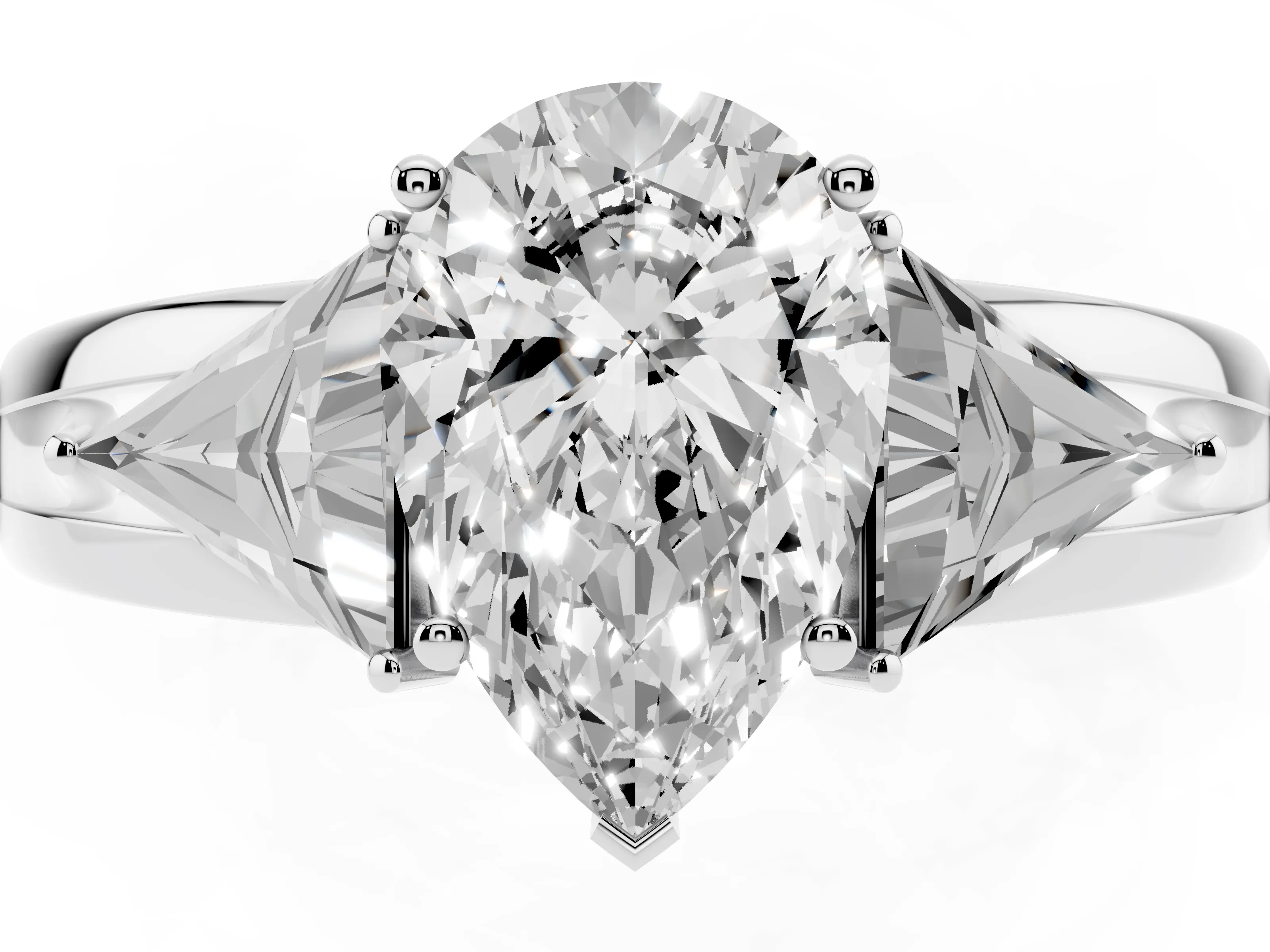 Pear Cut Diamond Three-Stone Ring Set in Platinum with Trillion Side Stones and Split Shank