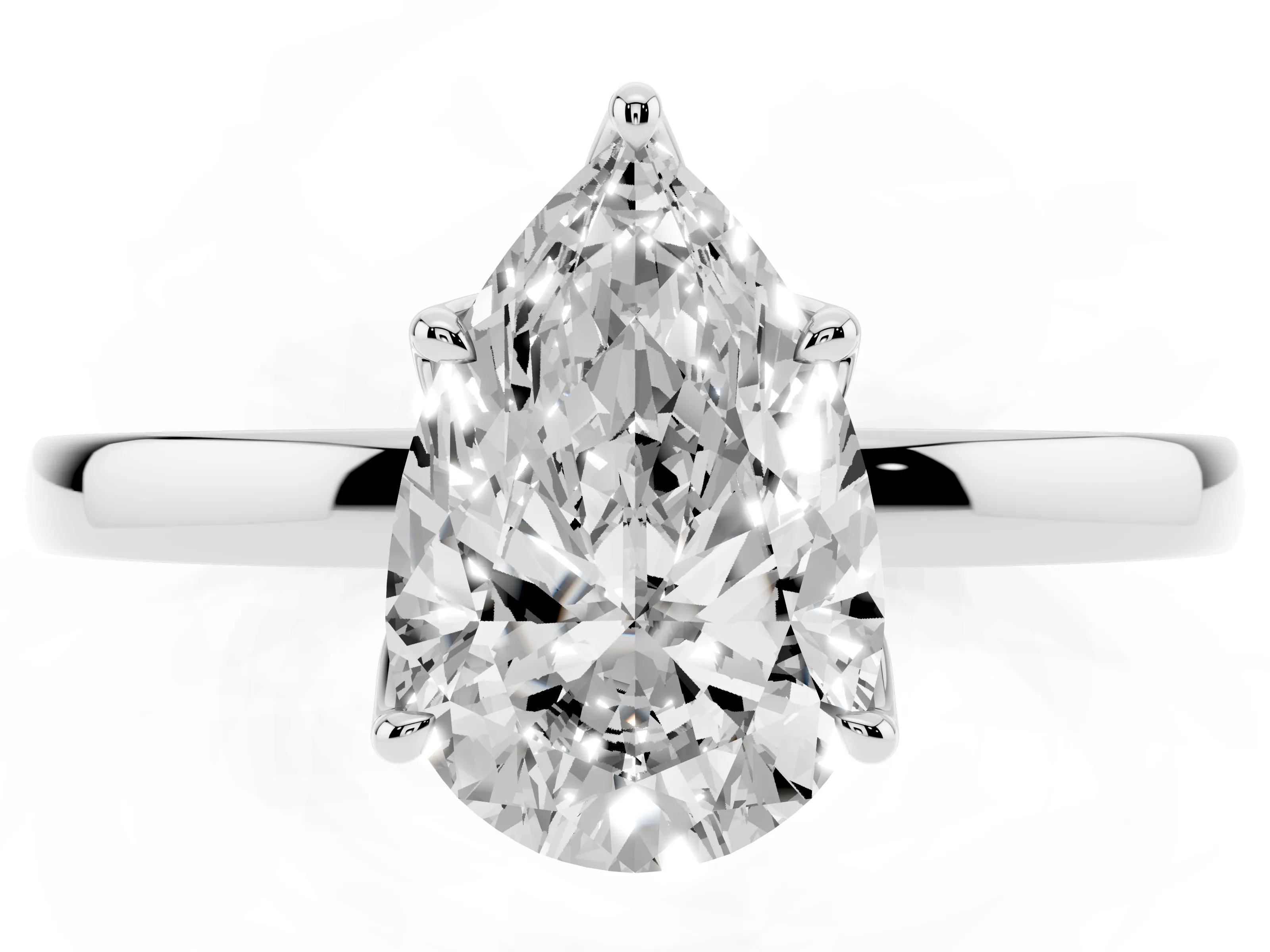 Pear Cut Diamond Solitaire Ring Set in Silver with Prong Setting and Thin Polished Band