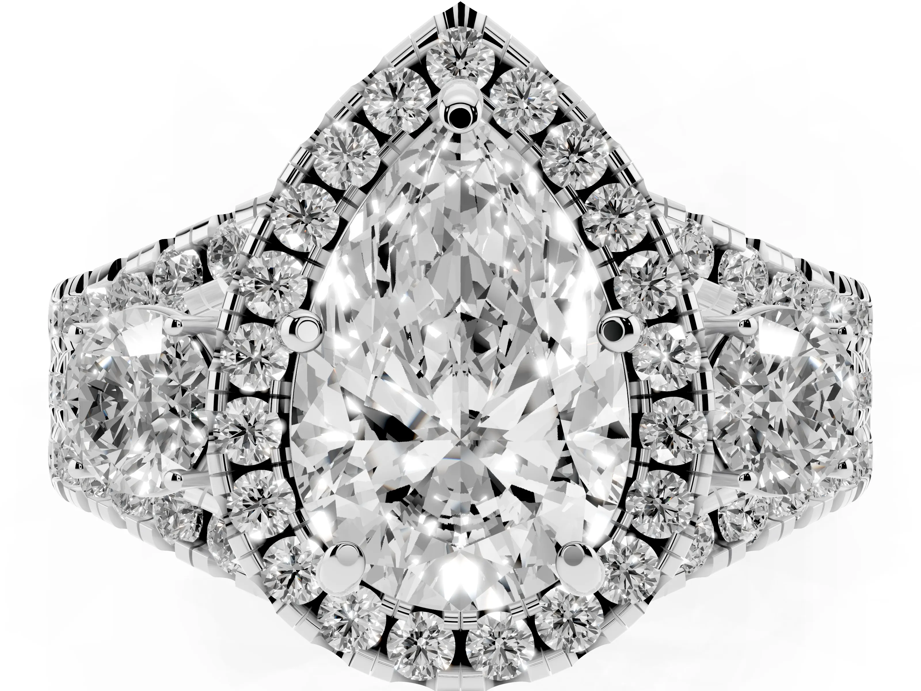 Pear Cut Diamond Halo Split Shank Ring Set in Silver with Round Accent Stones and Prong Setting