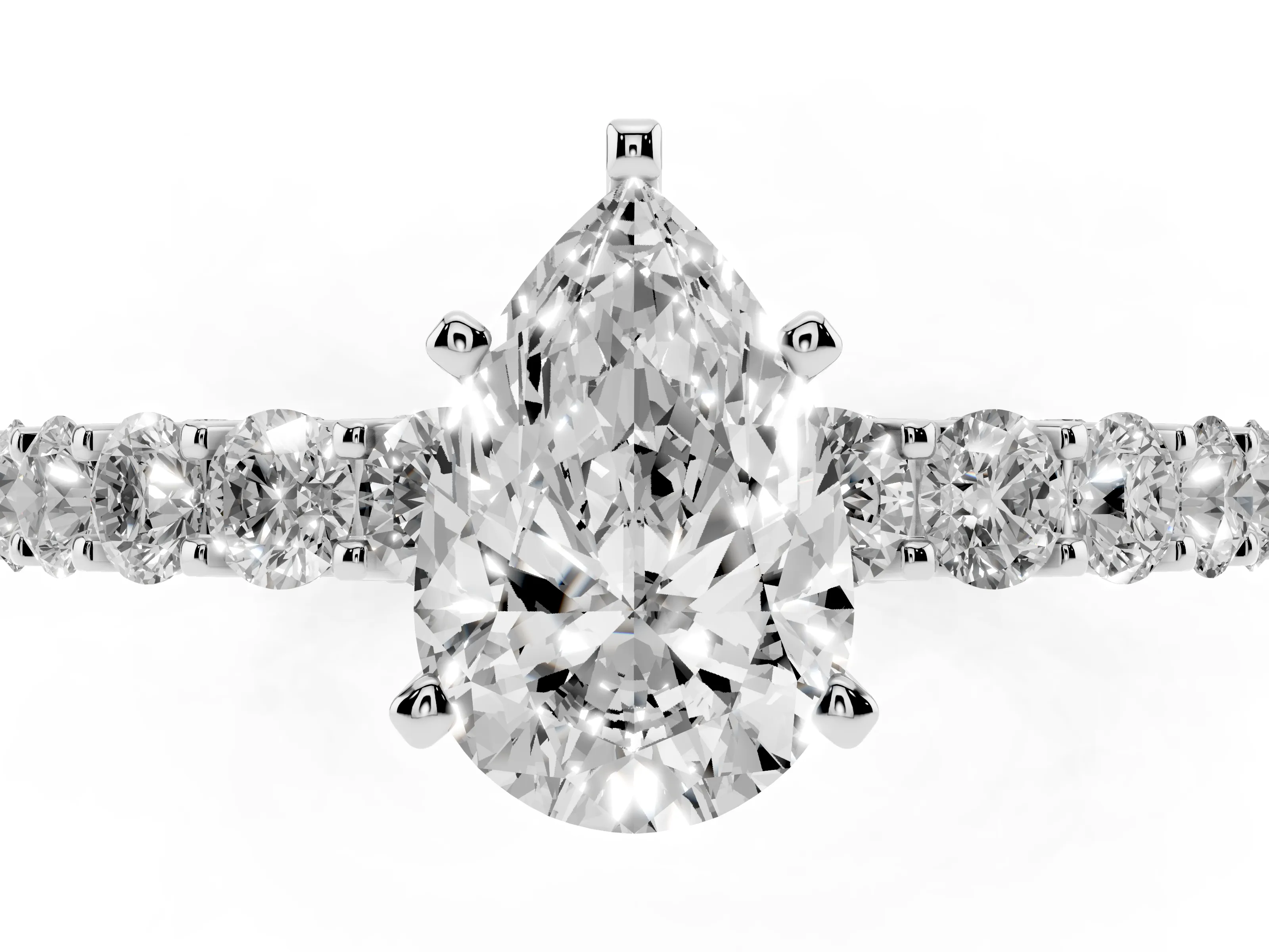 Pear Cut Diamond Solitaire Ring Set in Platinum with Shared Prong Pavé Band