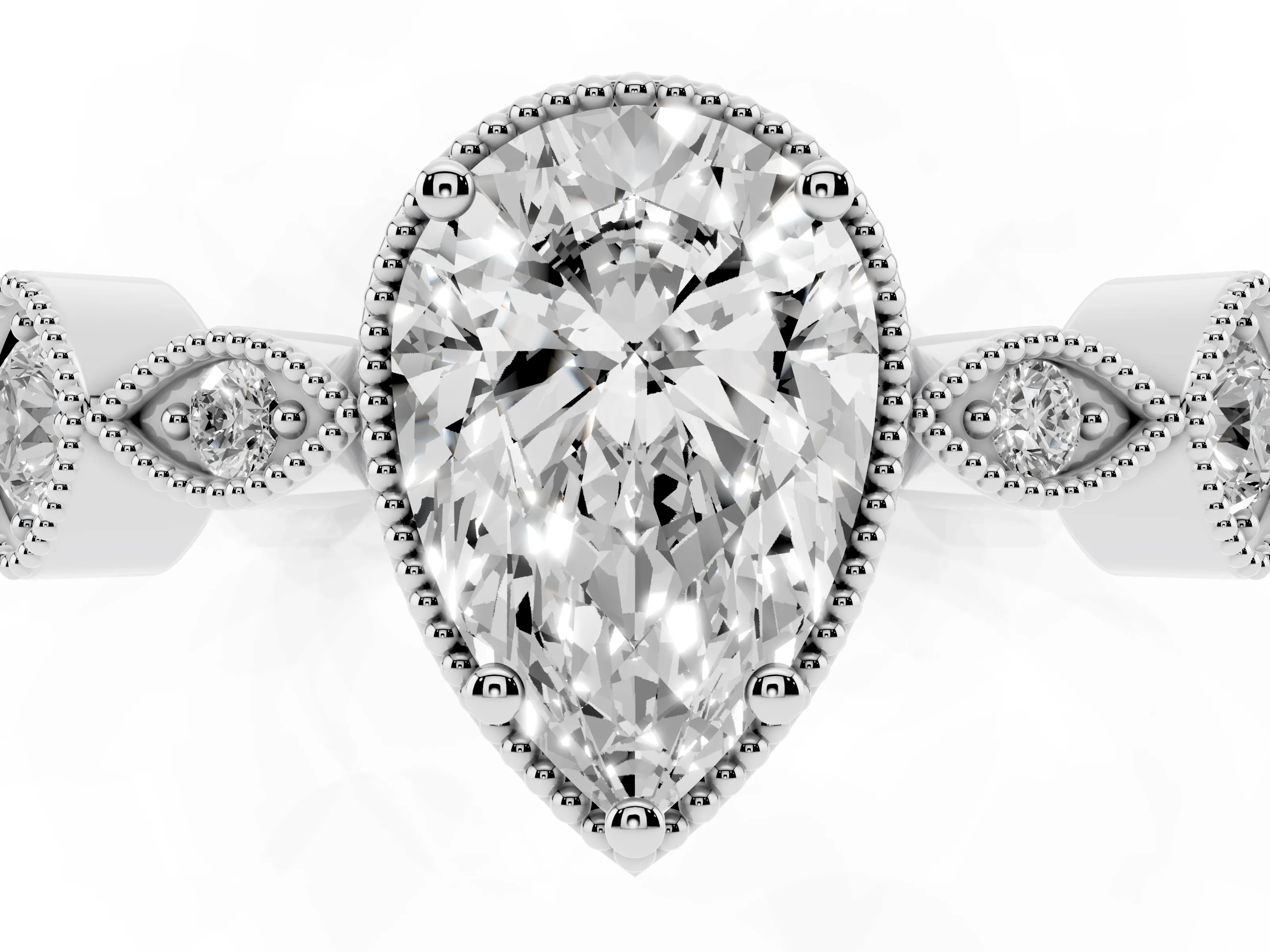 Pear Cut Diamond Vintage-Inspired Milgrain Ring Set in Platinum with Marquise Stations of Round Accents