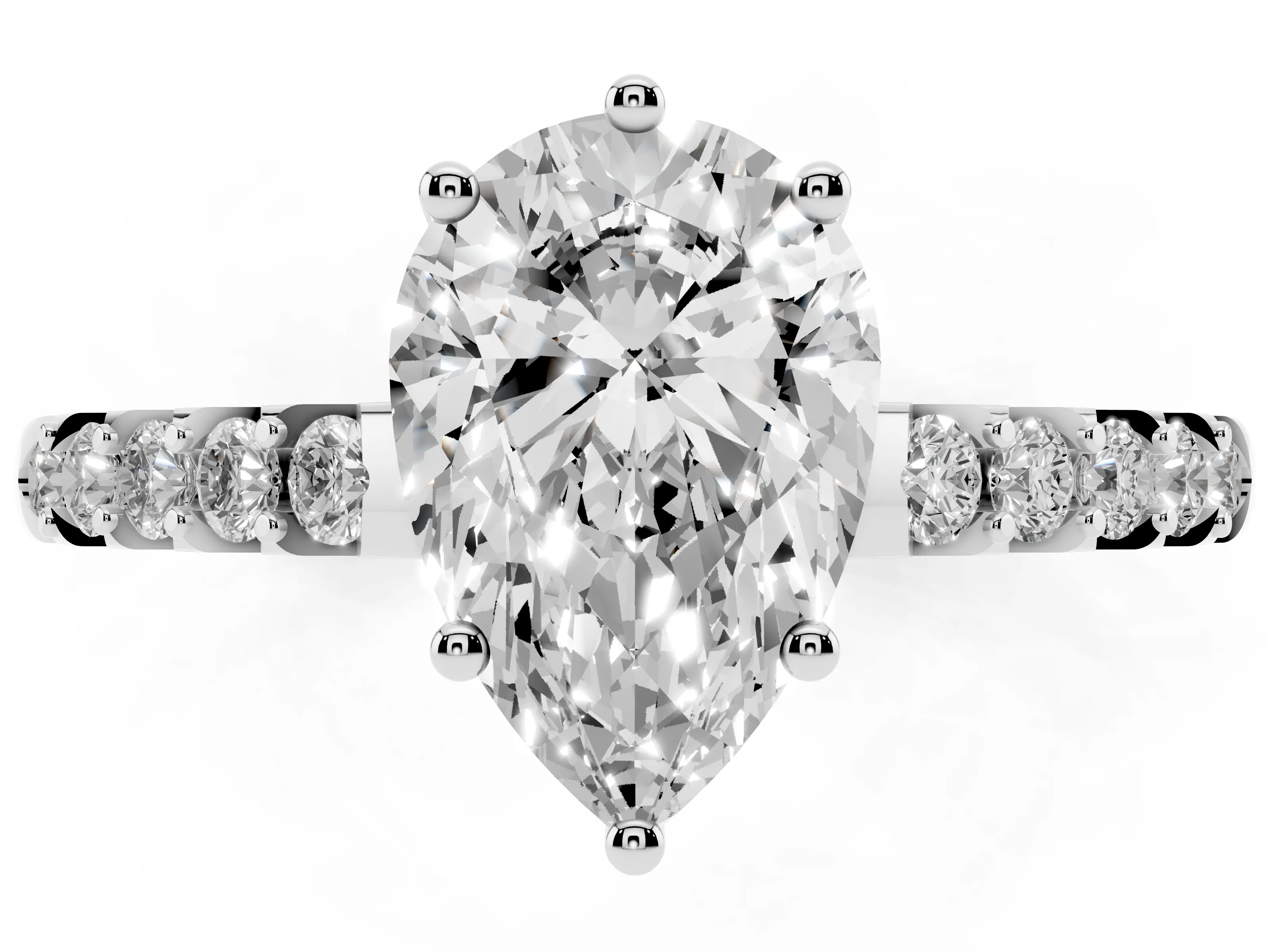 Pear Cut Diamond Solitaire Engagement Ring Set in Platinum with Pavé Band and Prong Setting