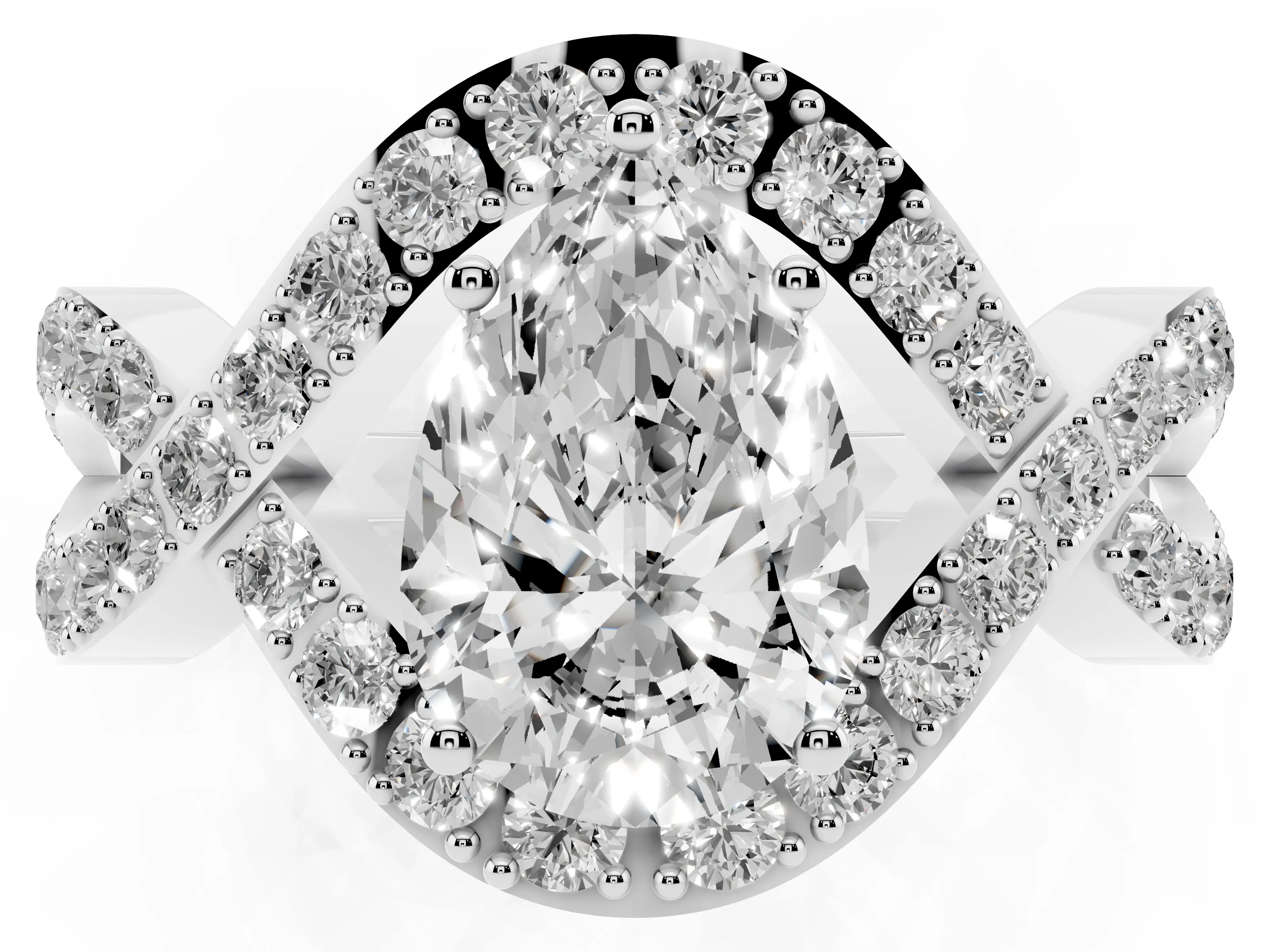 Pear Cut Diamond Solitaire Twist Band Pavé Engagement Ring Set in Platinum