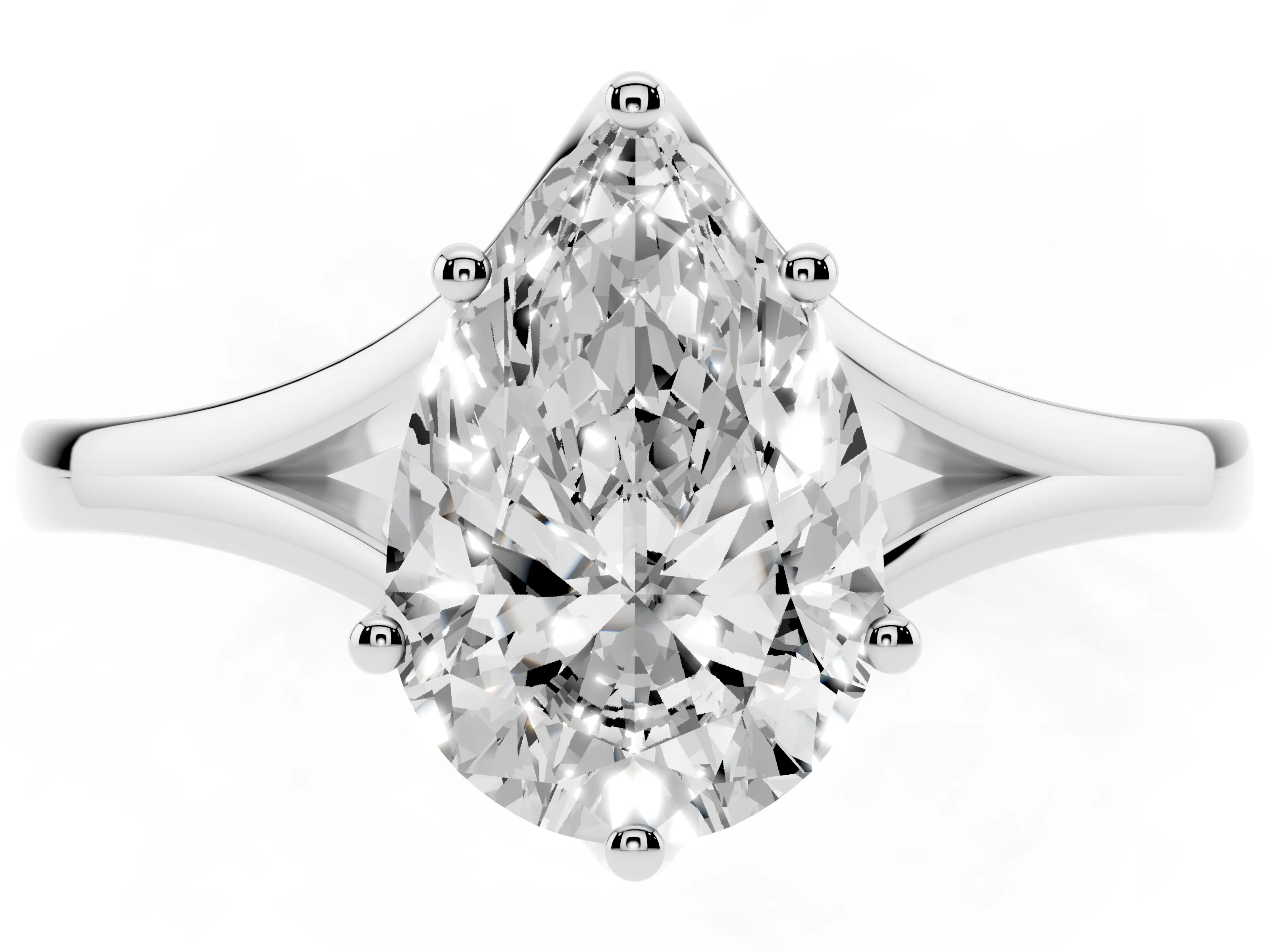 Pear Cut Diamond Solitaire Ring Set in Silver with Polished Tapered Band and Prong Setting