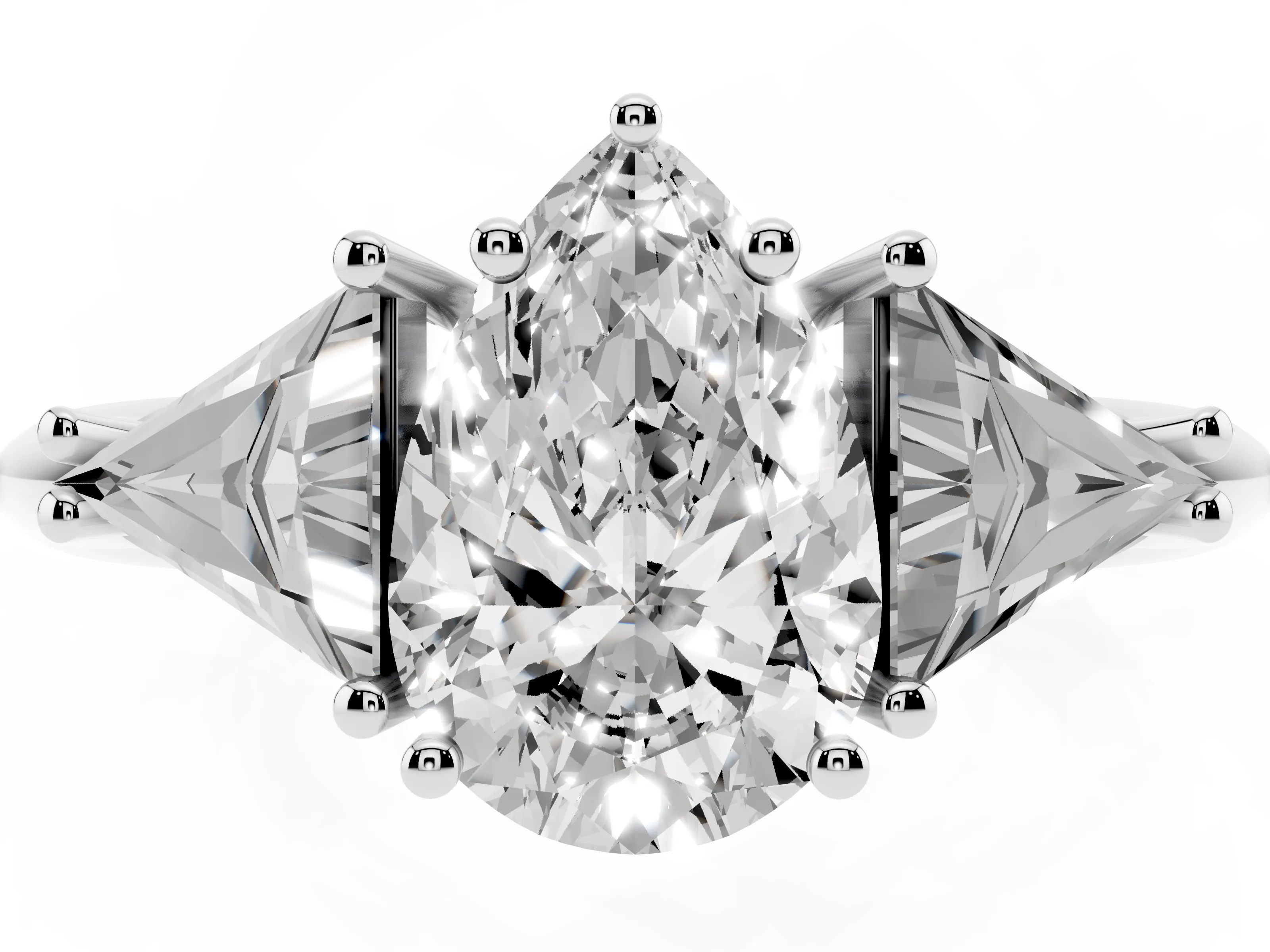 Pear Cut Diamond Three-Stone Engagement Ring Set in Silver with Trillion Side Stones