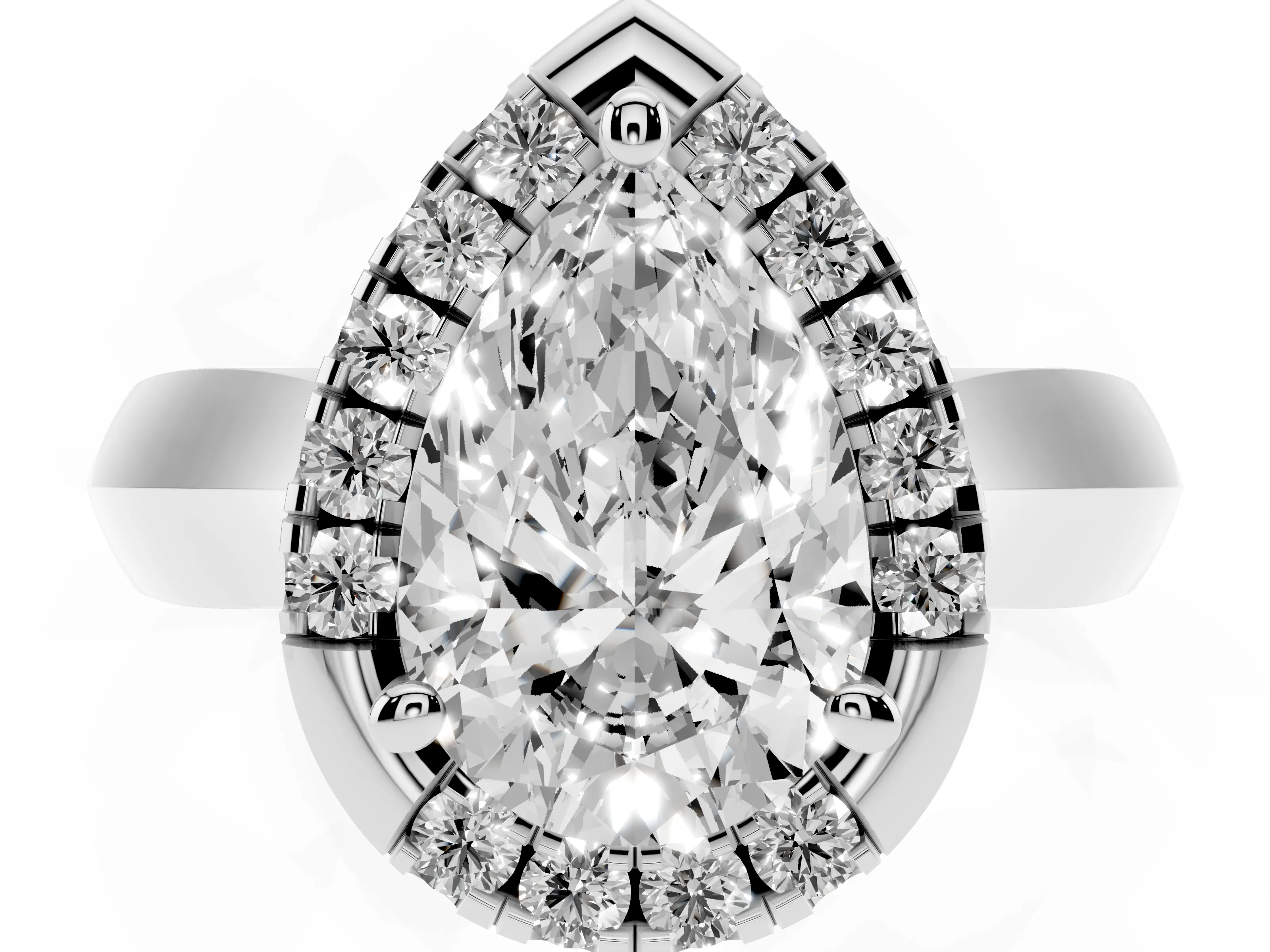 Pear Cut Diamond Halo Solitaire Engagement Ring Set in Platinum with Square Band and Prong Setting